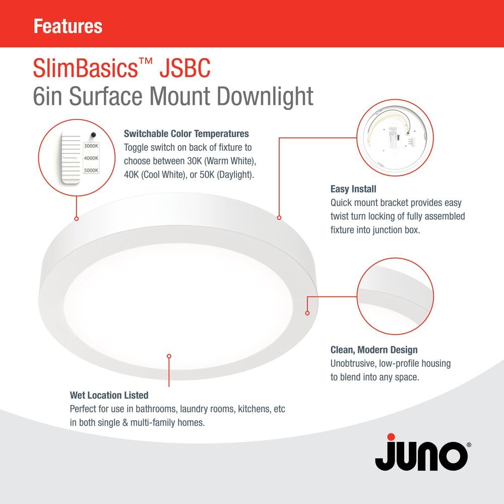 Juno Slim Basics 6 Inch Led Ceiling Light, Low Profile Surface Mount Downlight For Shower Or Closet Lighting, 3000K/4000K/5000K