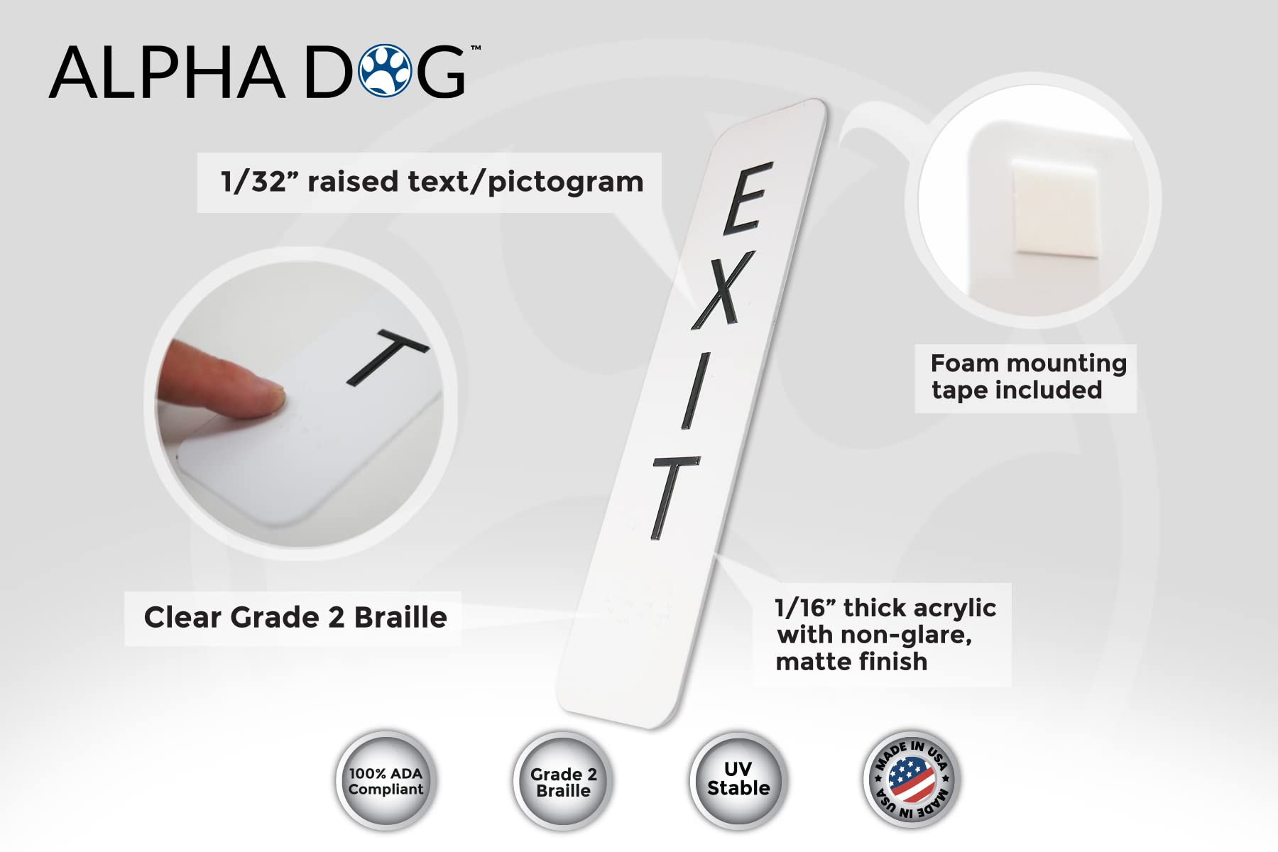 Alpha Dog Ada Signs Vertical Braille Exit Sign 8X2 Inch Ada Compliant Indoor Outdoor Business Easy Install Usa Made (White)