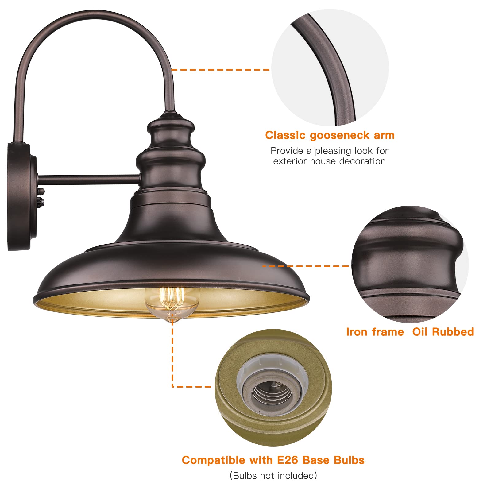 Diyel Outdoor Wall Sconce Light Fixture, Dusk to Dawn, Oil-Rubbed Bronze, Cast Iron, Gooseneck Design, 1 Pack