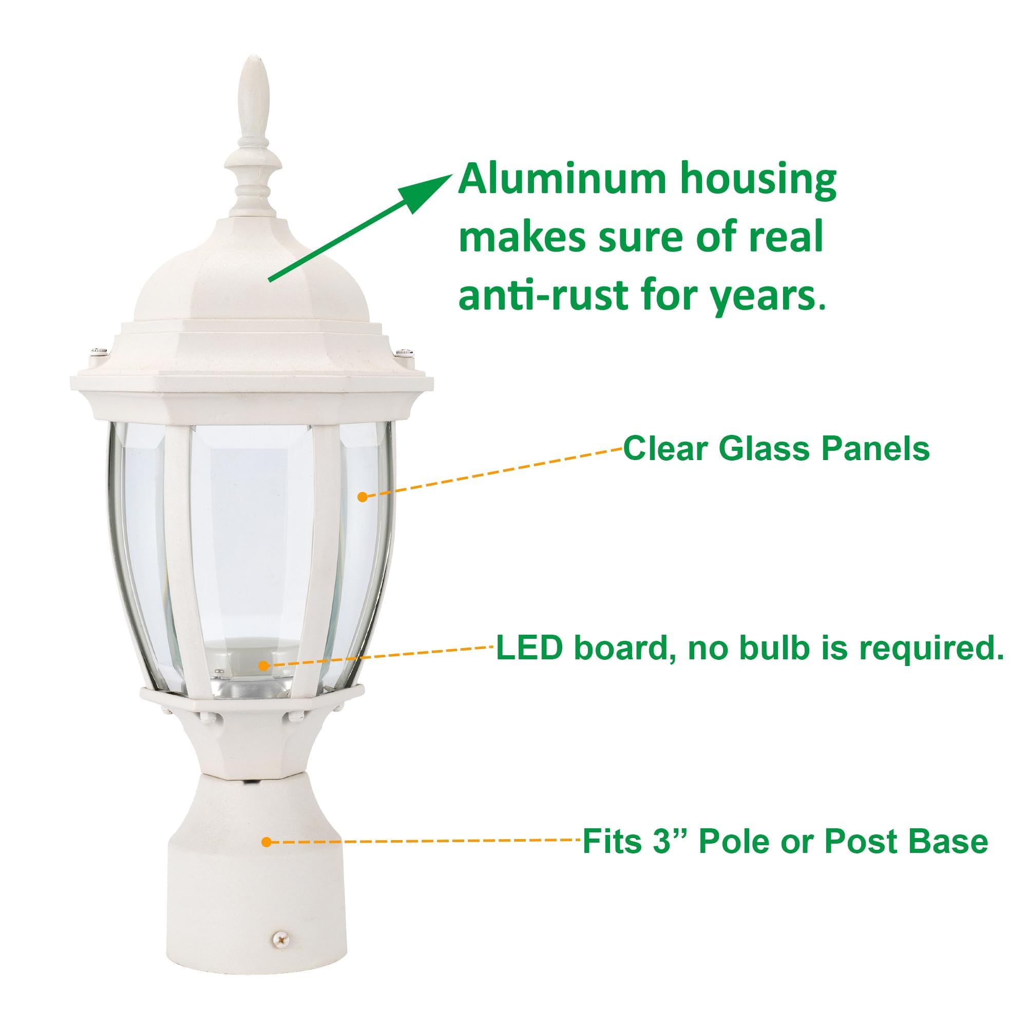 Lit-Path Led Outdoor Post Lighting Fixture, Pole Lantern, 9.5W 800 Lumens, 3000K Warm White, Aluminum Housing Plus Glass, Matte