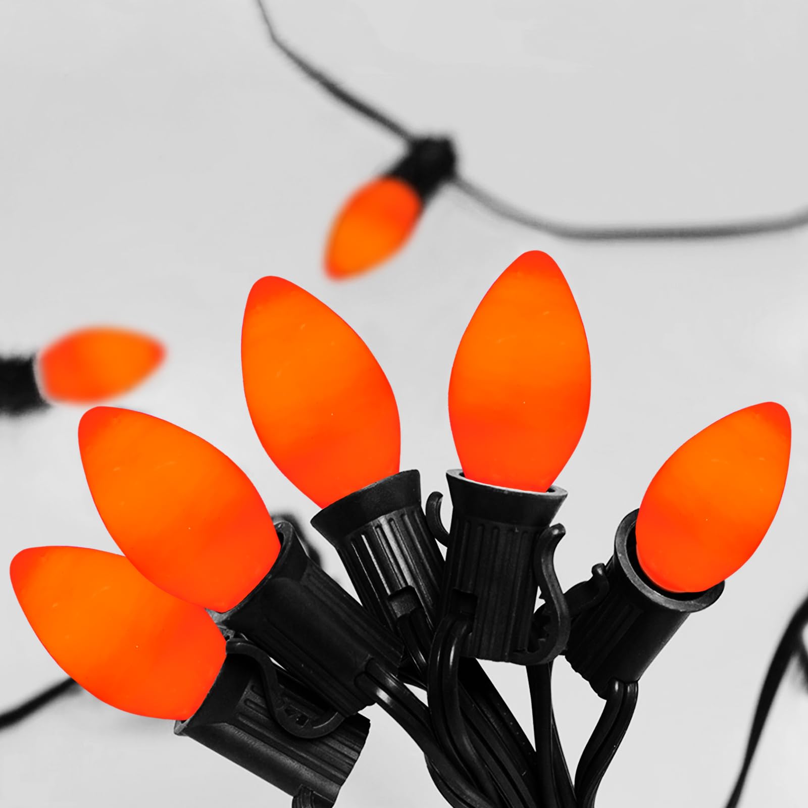 C7 Halloween Orange String Lights 25FT Outdoor String Lights with 27 5W Orange Glass Bulbs(2 Spare), Halloween Connectable String Lights for Patio Garden Roofline Backyard Decorations, Black Wire