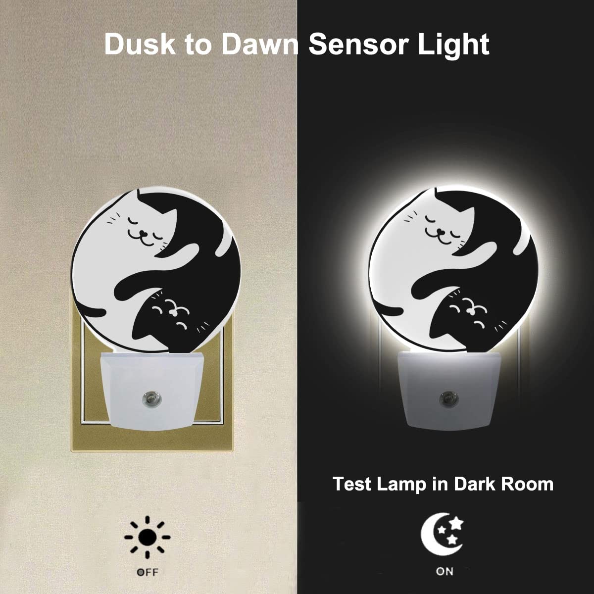 Uanvaha Tai Chi Cat Nightlight Two Black White Cats Kitten Night Lights Plug Into Wall Dusk To Dawn Sensor Round Night Light For