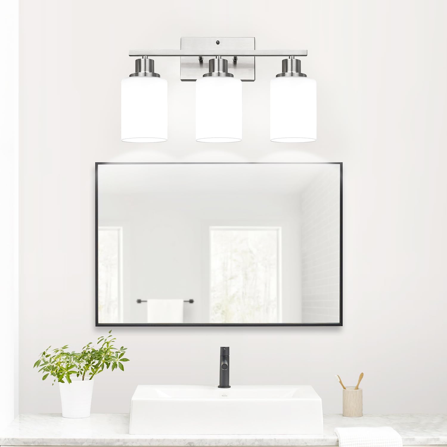 3-Light Bathroom Light Fixtures  Brushed Nickel Vanity Light With Milky White Shades  Bathroom Lighting Fixtures Over Mirror  Modern Bathroom Wall Lamp For Mirror Living Room Cabinet Bedroom