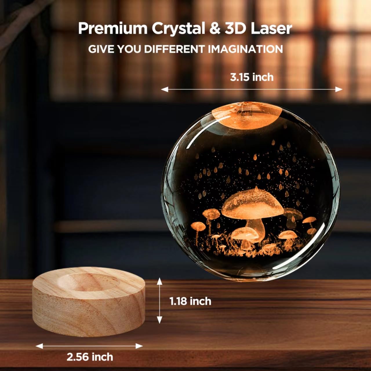 3D Mushroom Crystal Ball Night Light, Upgraded 3.15 Inch Glass