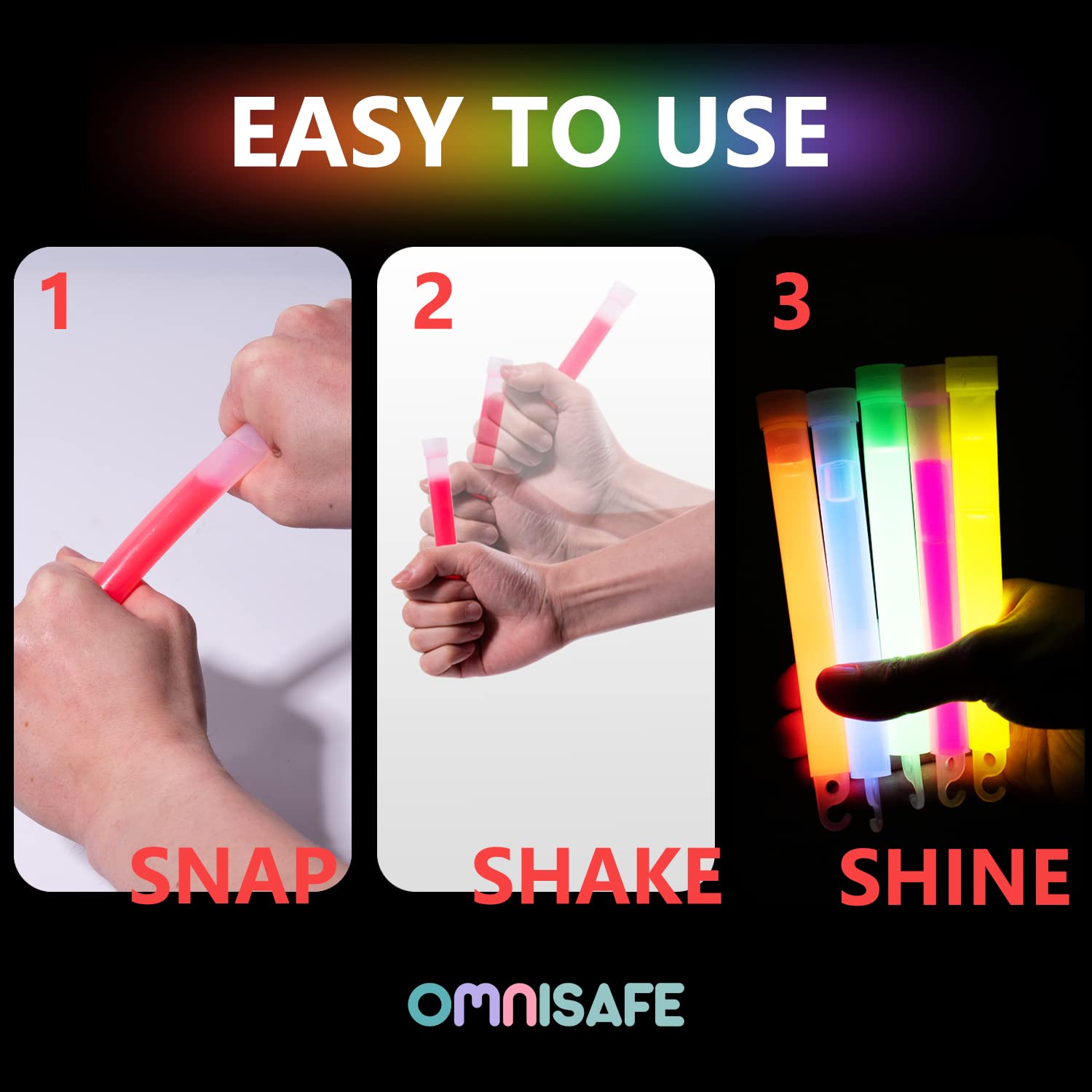 Omnisafe 24 Ultra Bright Large Glow Sticks With 24 Black Pe String, Multi Use Colourful 6 Inch Glowsticks For Parties, Camping,