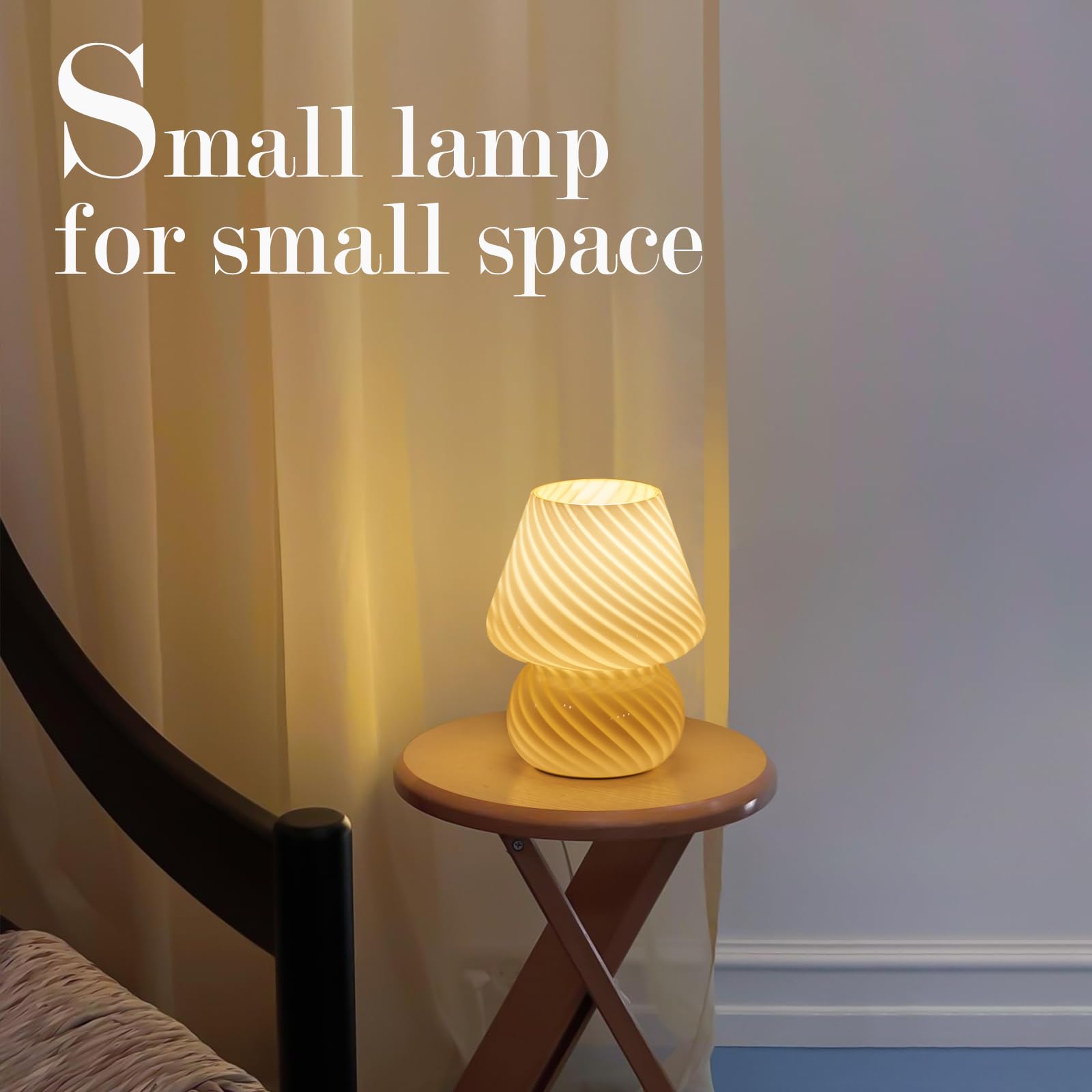 Onewish Mushroom Lamp-Small Bedside Table Lamp With Striped Glass, Nightstand Night Light For Bedroom Living Room, 3000K 6.5W Bu