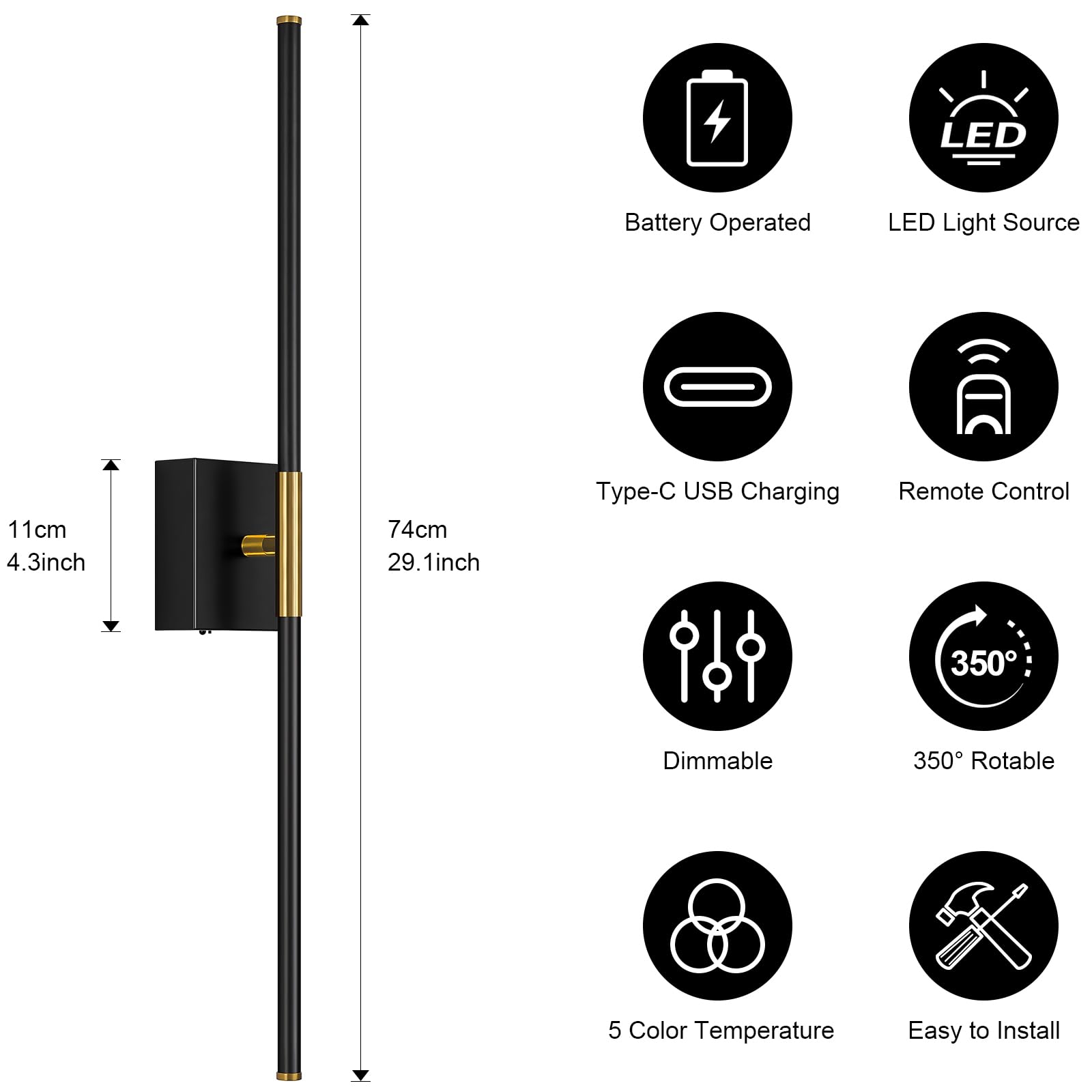 JZEKVN Wall Sconces Set of Two, Dimmable 29.1in Black Gold, Battery Operated, 350° Rotation, LED Wireless Rechargeable, Model 202411