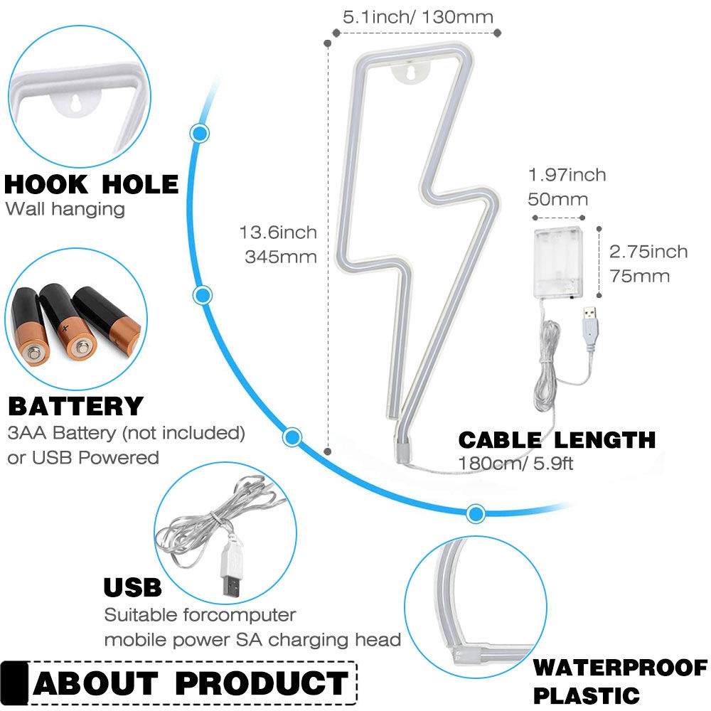 YouOKLight Neon Sign LED Wall Light, Battery/USB Powered, Lightning Pink, Model YK2333-2336-US