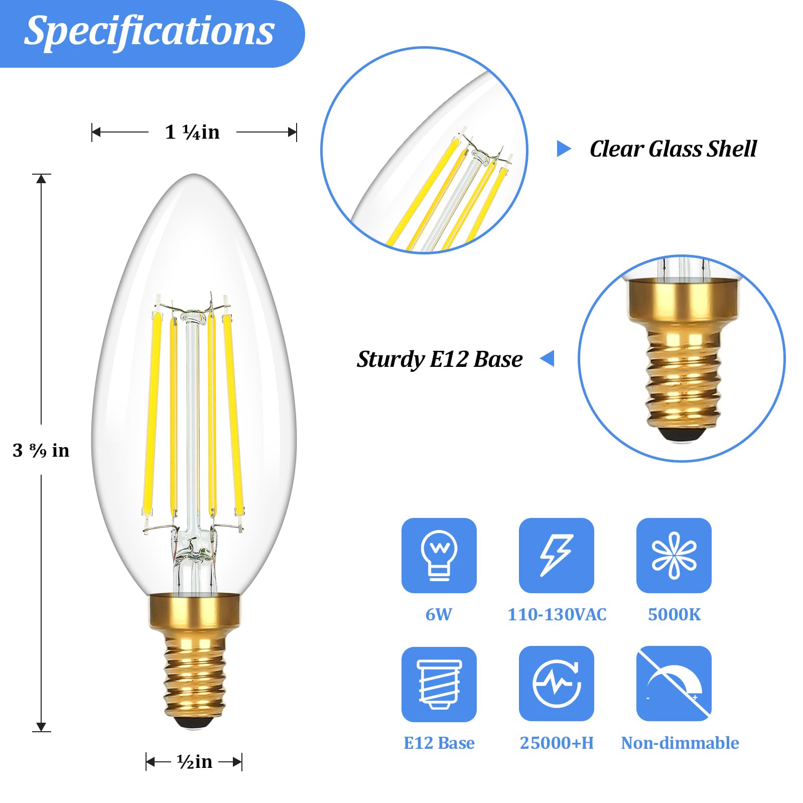 Brightever E12 Candelabra Led Light Bulbs 60 Watt Equivalent, 12 Packs Super Bright 620 Lumen, 6W Clear Led Candle Bulbs, Daylight White 5000K Non-Dimmable Chandelier Light Bulbs For Ceiling Fan