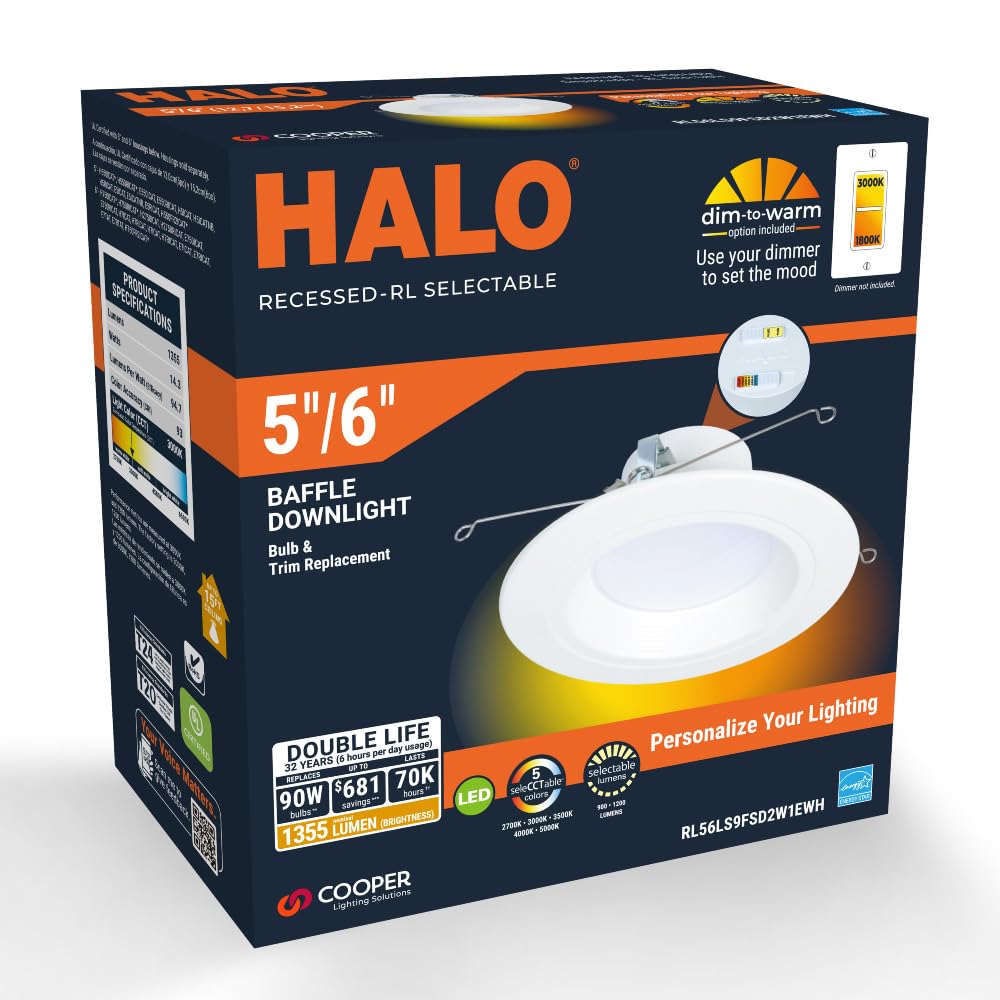 HALO LED Recessed Lighting Retrofit Trim, 5/6-Inch, Selectable Lumens & Color Temp, Model RL56LS9FSD2W1EWH, 5 Color