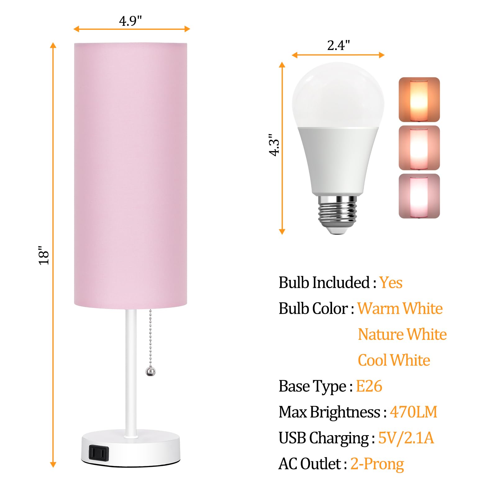 Dott Arts 18in Table Lamp, Pink-White, Plastic, 3-Color, Pull Chain, Model RD-PTL6W-004, Bulb Included for Bedroom or Living Room
