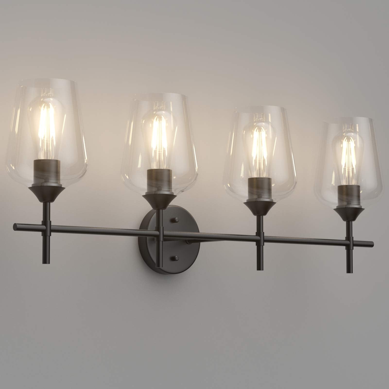 Ralbay 4-Light Vintage Bathroom Vanity Lighting, Industrial Matte Black Finish, Clear Glass Sconce, Model 2031, Farmhouse Style