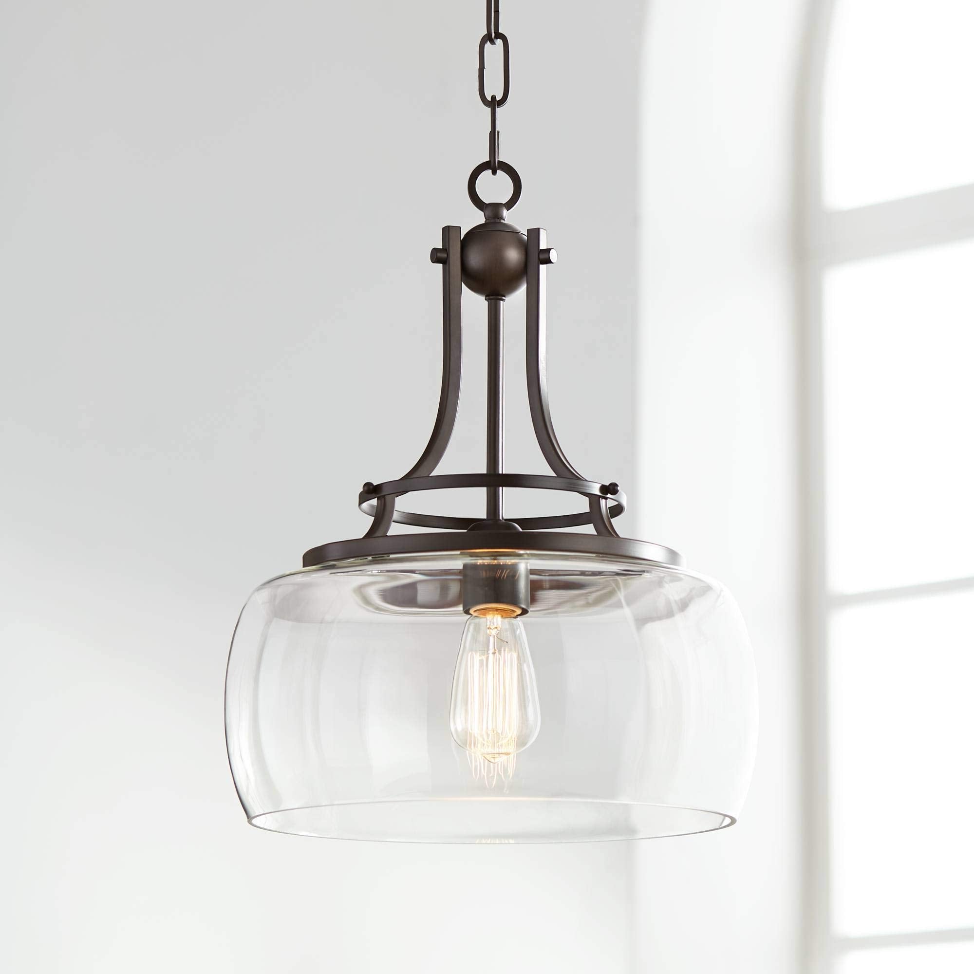 Franklin Iron Works Bronze Pendant Light - 13.5 Wide, 16 High, Clear Glass, Small Farmhouse Design For Kitchen, Dining, Living Room