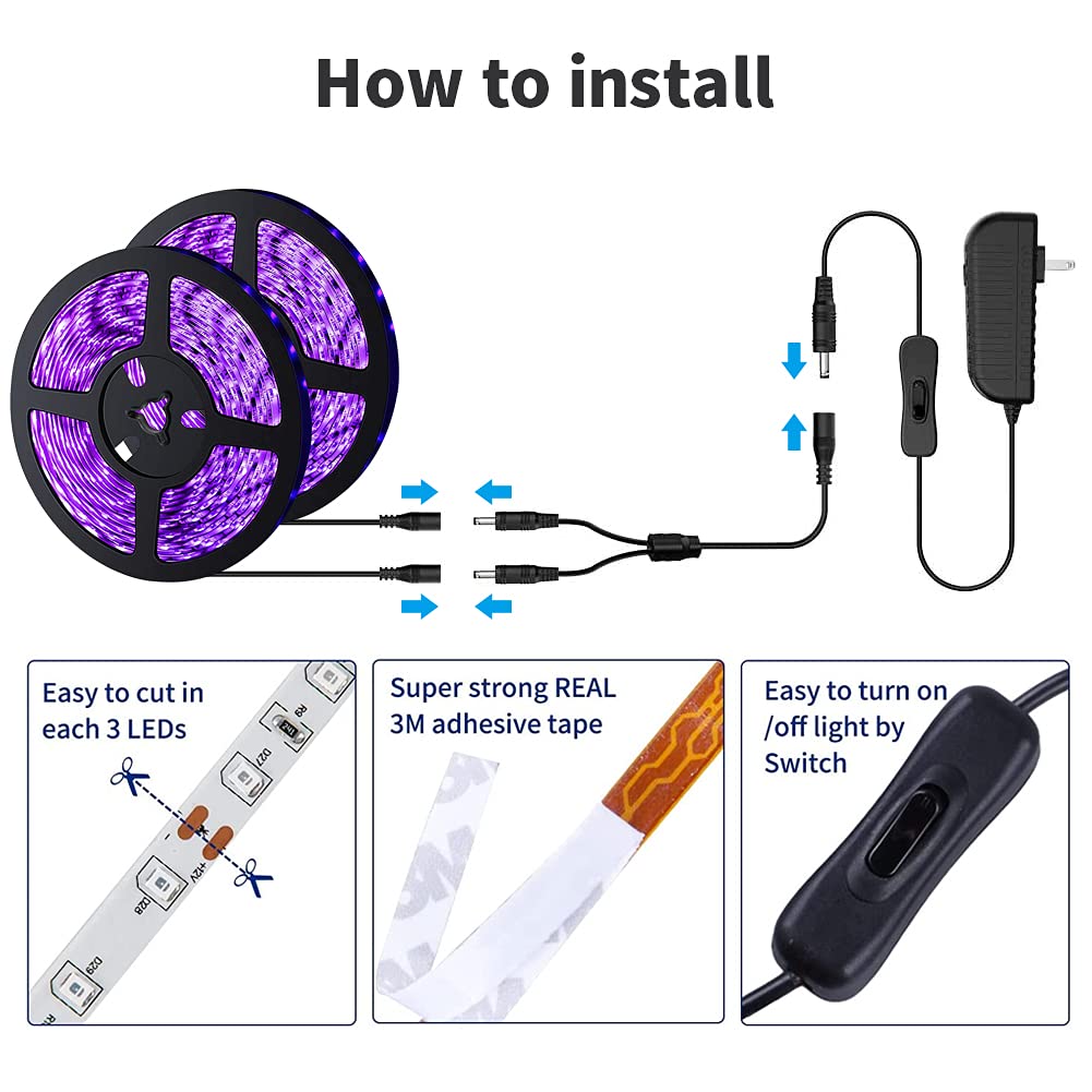 TigQiang Black Light Strip, 40ft Flexible LED, 720 Lamp Beads, Non-Waterproof, Purple, Ideal for Indoor Parties and Events