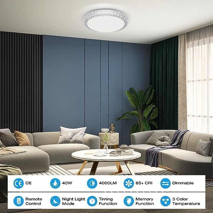 OOWOLF LED Ceiling Light 40W Dimmable 15.4in Modern Fixture 3000-6000K White CT033