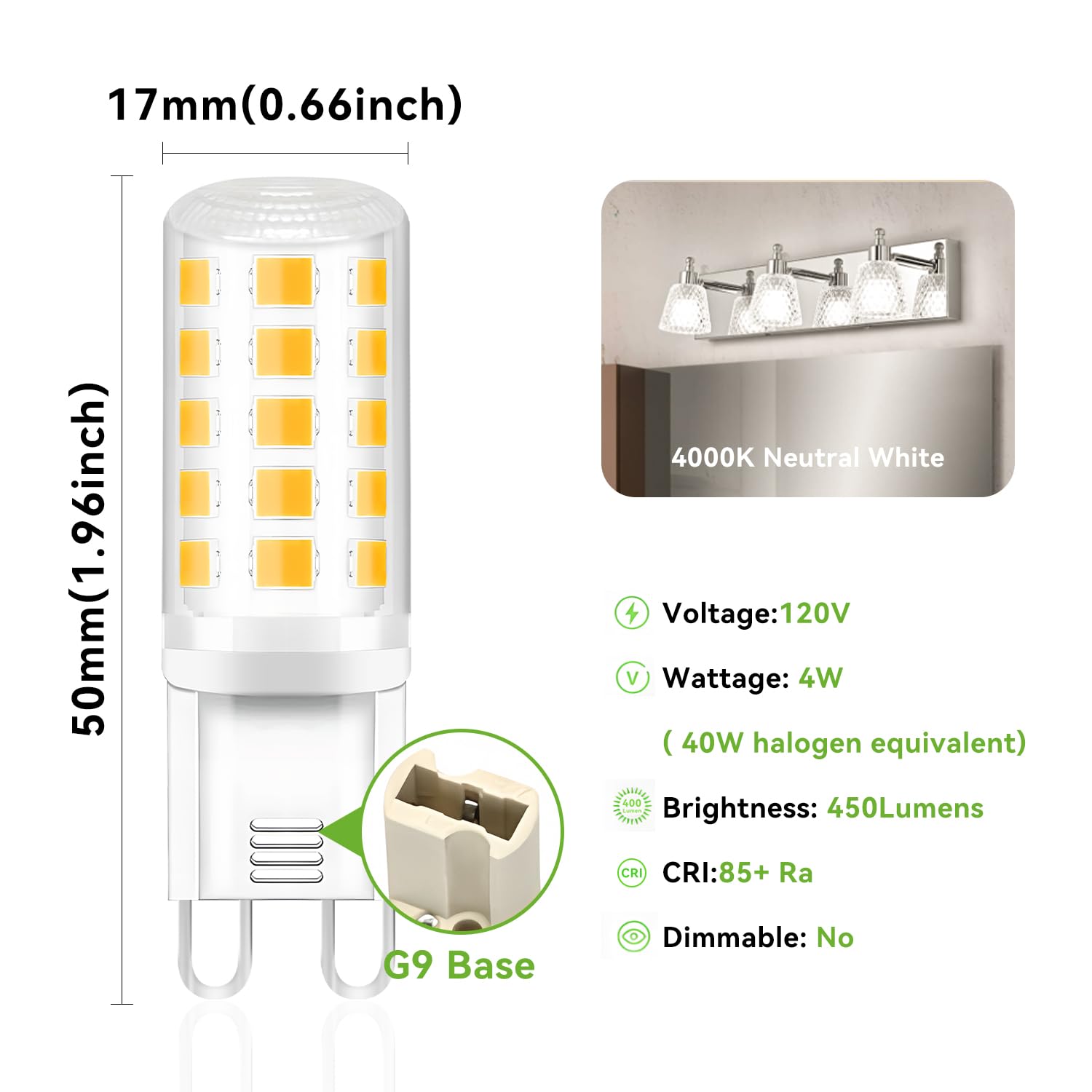 TJOY G9 LED Bulb 4W - 12 Pack, 4000K Neutral White, Energy Saving, Non-Dimmable, Ceramics & PC, 450 Lumens for Ch