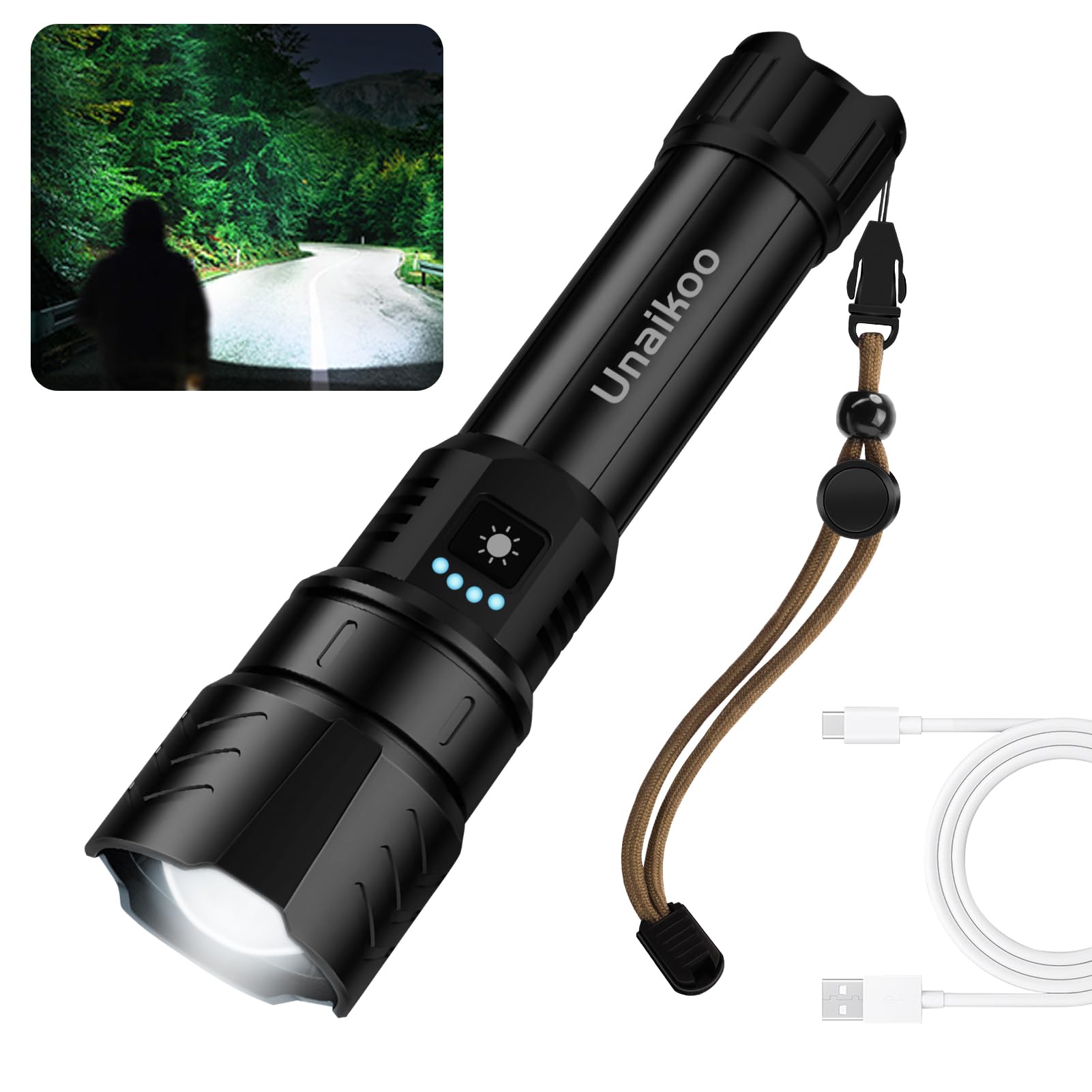 Unaikoo 10000LM Rechargeable Tactical Flashlight - Zoomable, Waterproof, Aluminum, Model D-2403, Black