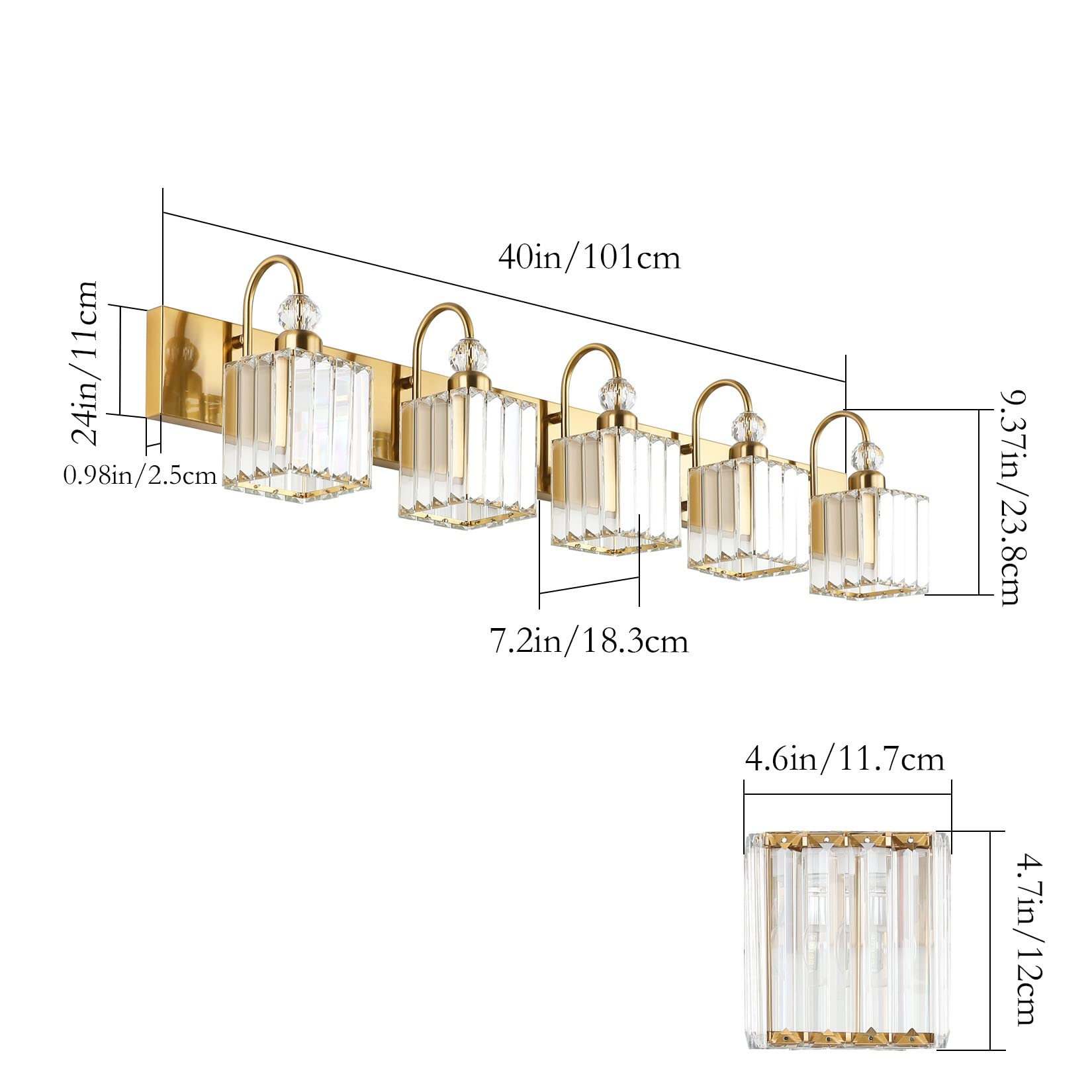 Ralbay 5-Light Gold Bathroom Vanity Light Fixtures, Modern Crystal Over Mirror, Model 8607, Square-Gold Finish