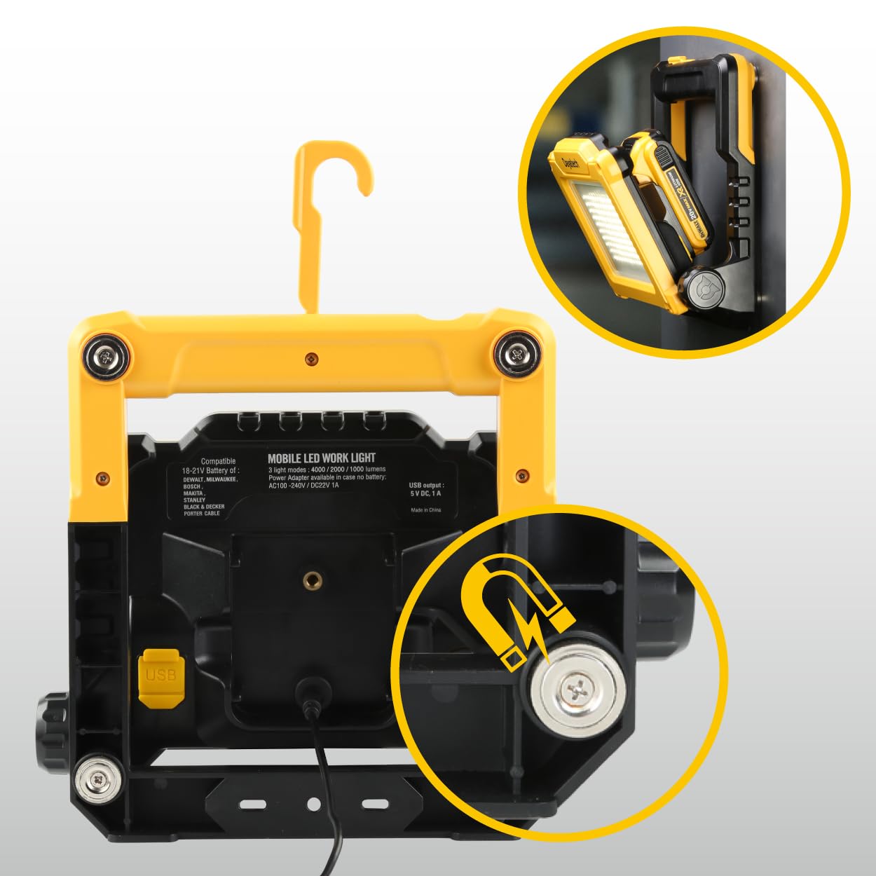 DAYATECH 20W 3000LM Cordless LED Work Light, Compatible with Dewalt, Milwaukee and Makita 18-21 V Battery, Foldable Magnetic Bas