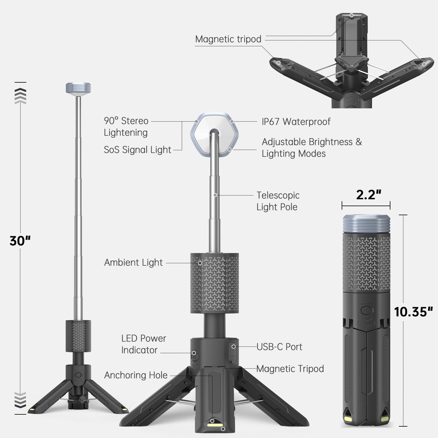 MORIKO Telescopic Camping Lantern, 10,500mAh Rechargeable, IP67 Waterproof, Portable Dark Gray Light for Hiking and Emergencies