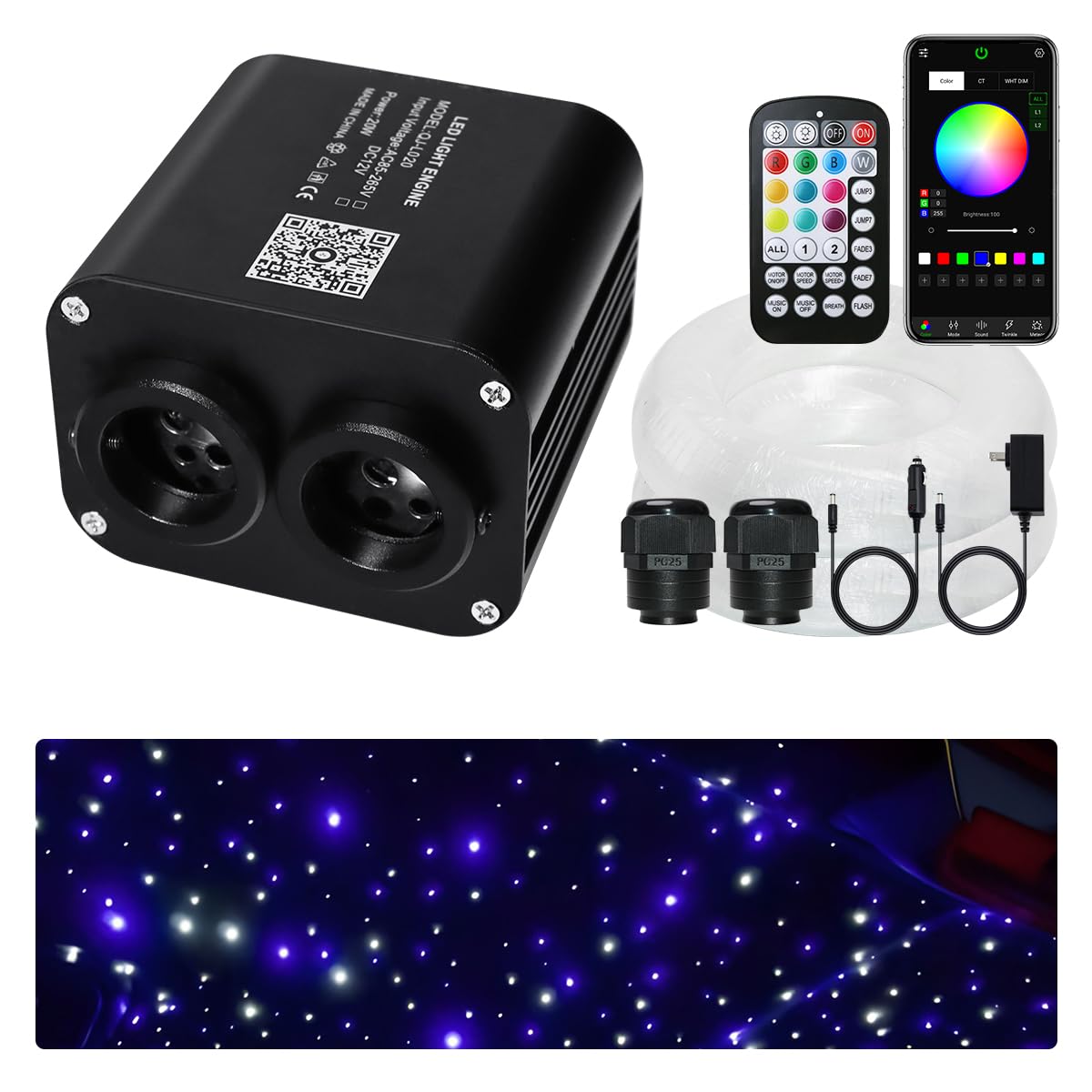 Twinkle Starlight Headliner Light Kit 20W Upgraded Car Home Fiber Optic Lights 800pcs*0.03in(9.8ft/3m) Sound Activated APP/Remot