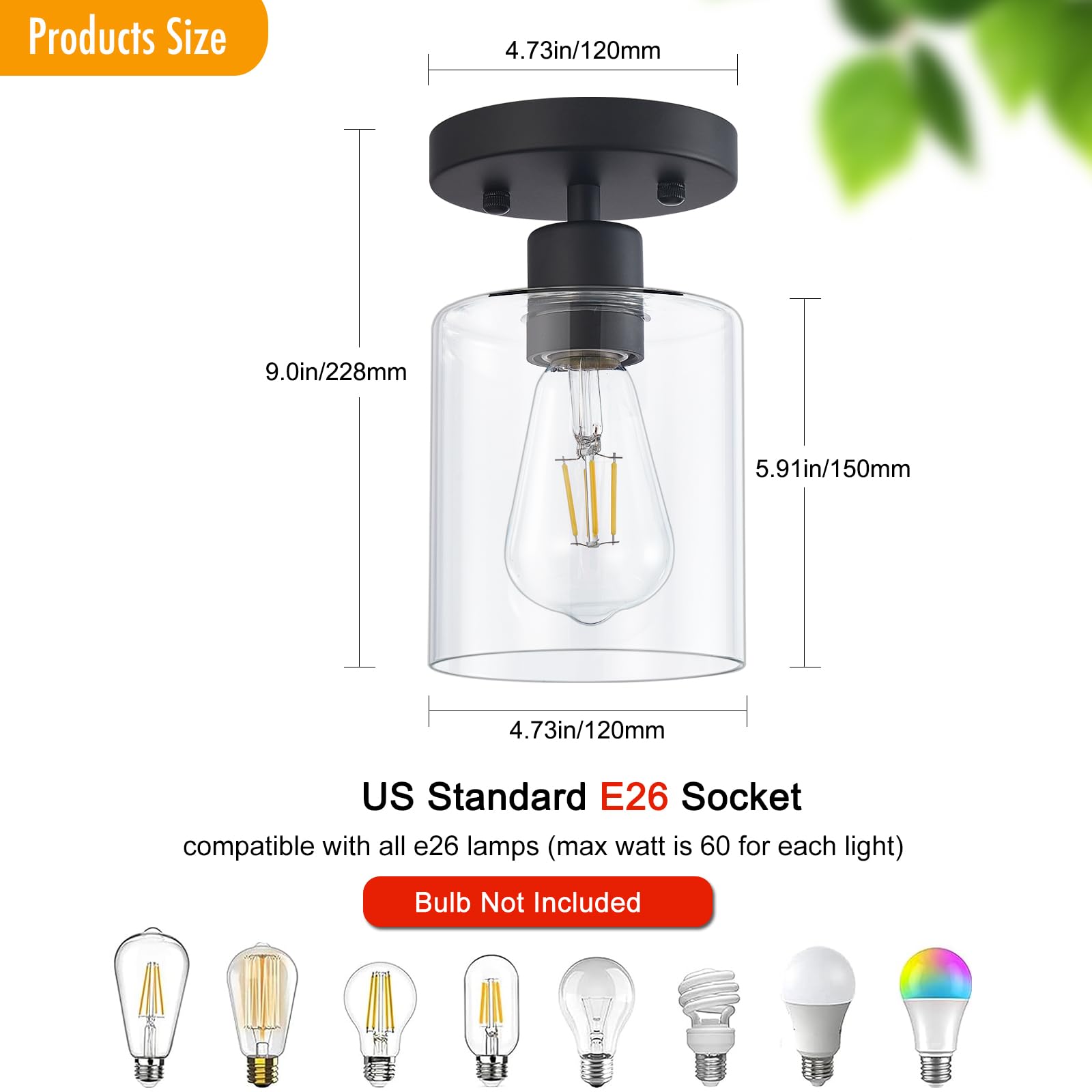 Diduio Black Semi Flush Mount Ceiling Light, 1-Light Ceiling Light Fixtures, Farmhouse Light Fixtures Ceiling Mount, Ceiling Lig