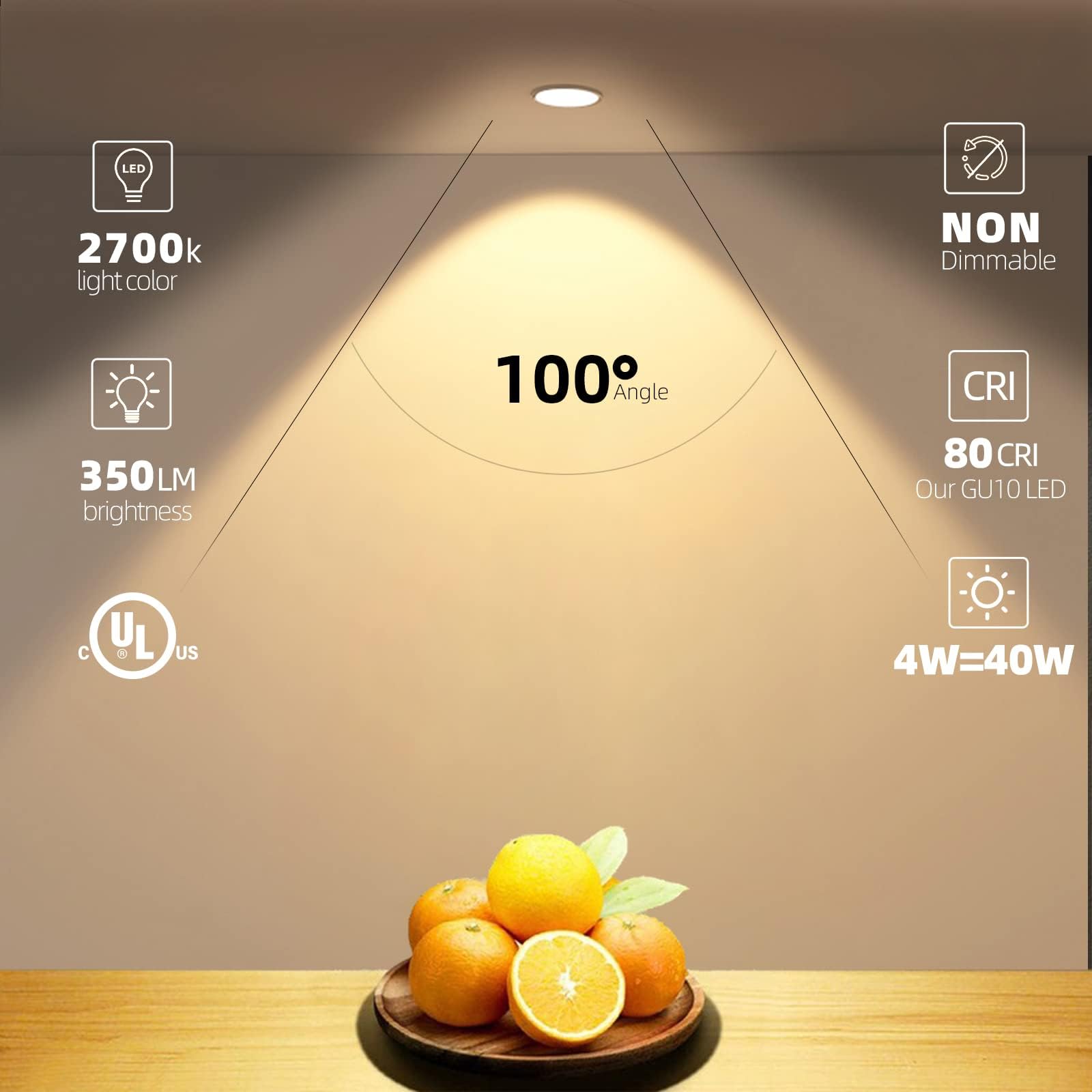 Lumiverse Gu10 Led Bulb, Non-Dimmable, 4W 50W Equivalent, 100 Flood Beam 350Lm, 2700K Soft White, Halogen Replacement For Kitche