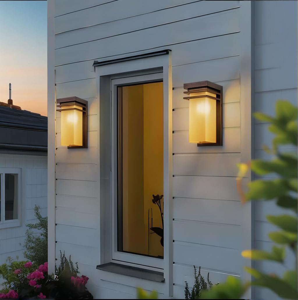 AXOTEXE Outdoor Wall Lights Set of 2, Front Porch Sconce Lighting Wall Mount, Exterior Wall Lamps with Antique Amber Glass for H