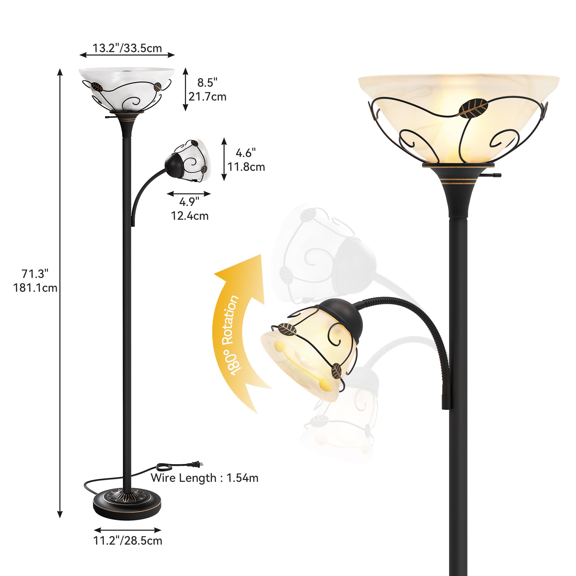 DWVO Torchiere Floor Lamp, 71" with Sidelight, Glass Shade, Black - Ideal for Bedroom, Living Room, Office (Bulbs Not Included)
