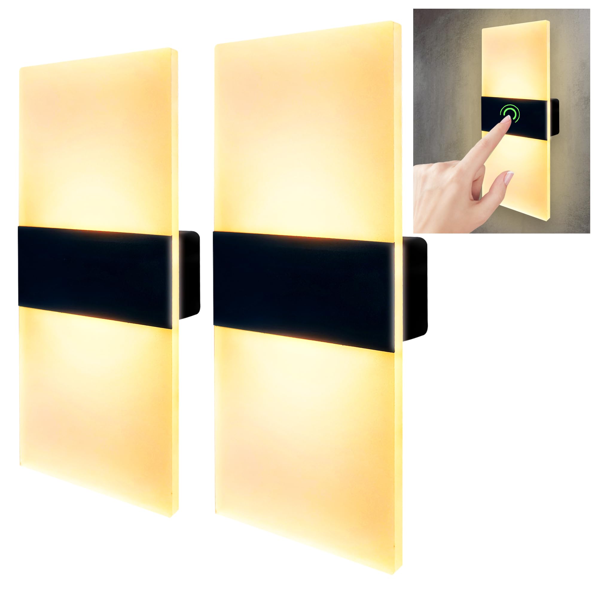 GRETMIX Wall Sconces Set of 2, Acrylic Rechargeable LED Touch Control, White Frosted Glass Shade, Warm White Color