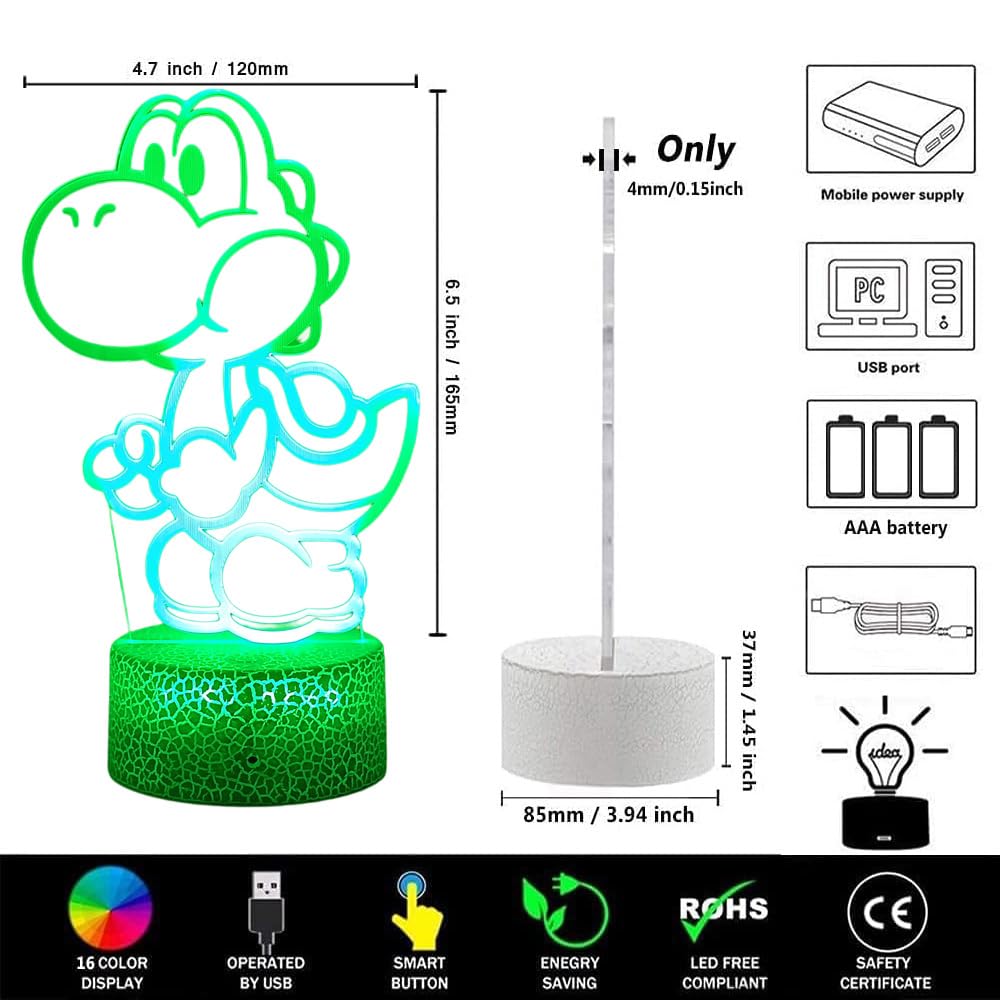 LEDERGO Yoshi Night Light - 16 Colors RGB Touch & Remote Control - Ideal for Kids' Room Decor & Holiday Gifts (Model: 3D-NL-YSI-001)