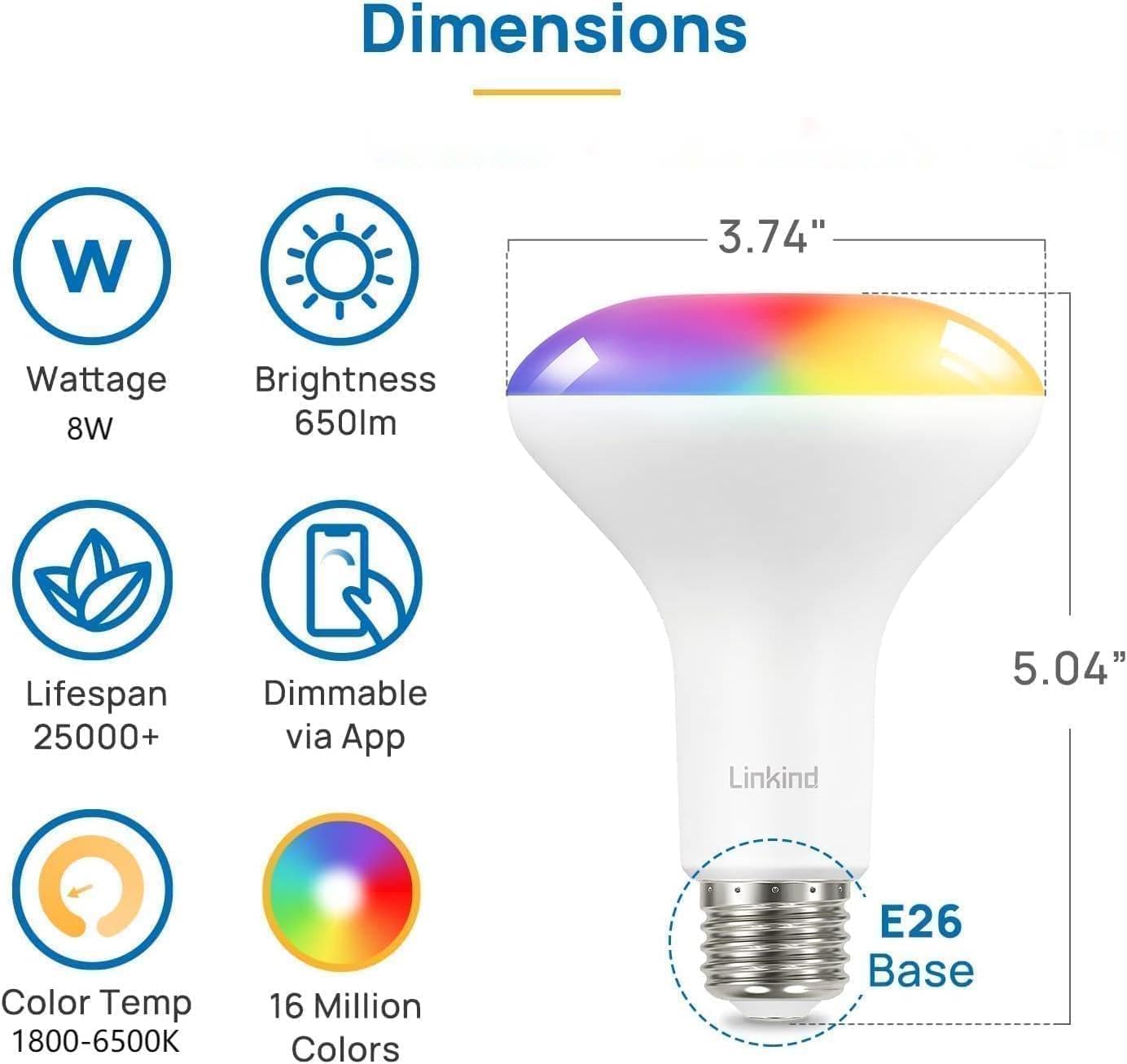 Linkind Br30 Smart Light Bulbs, Wifi Flood Light Bulbs Compatible With Alexa & Google Home, Rgbtw Color Changing Light Bulb, 180