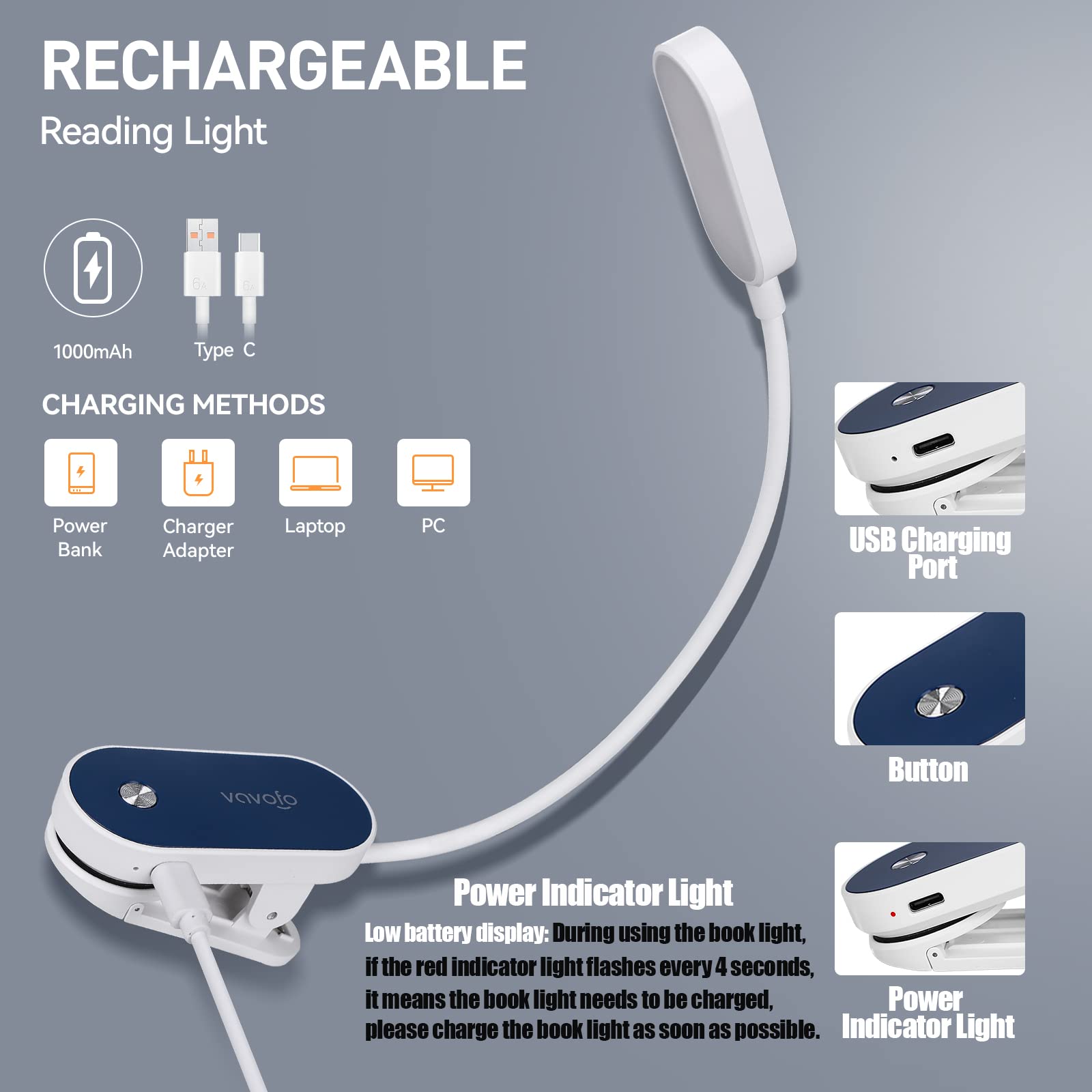 VAVOFO Rechargeable Book Light, 14 LEDs Amber Reading Light, 9 Colors & Brightness, Clip On, White-Blue, Model KM-6775