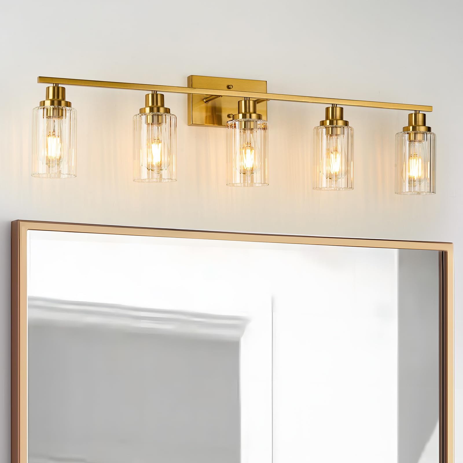 Jonsi Brushed Gold Bathroom Light Fixtures, 5-Light Brushed Gold Vanity Light, Bathroom Vanity Light With Stripe Glass Shade, E26 Wall Sconces Over Mirror For Bathroom, Living Room, Hallway