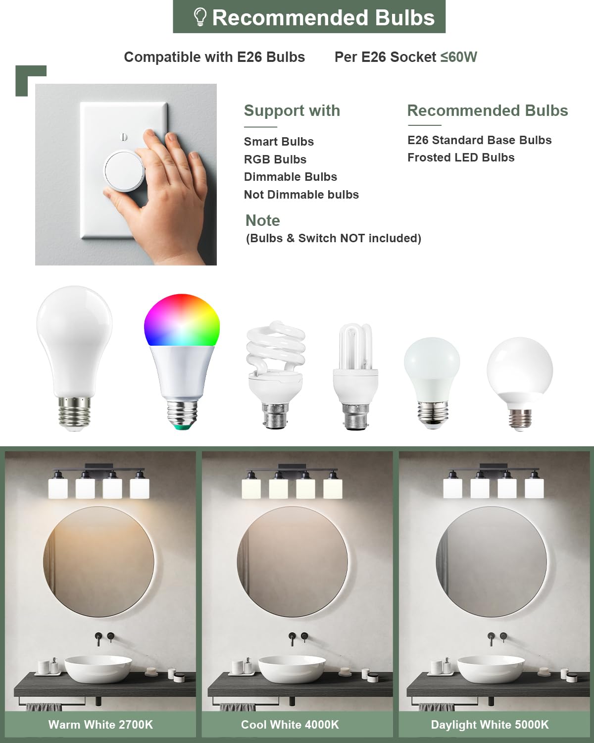 Sailstar Vanity Light Fixtures, 4-Light Matte Black Modern Bathroom Light, E26 Sockets, Anti-Rust Finish, Model CP-JQD-F-001