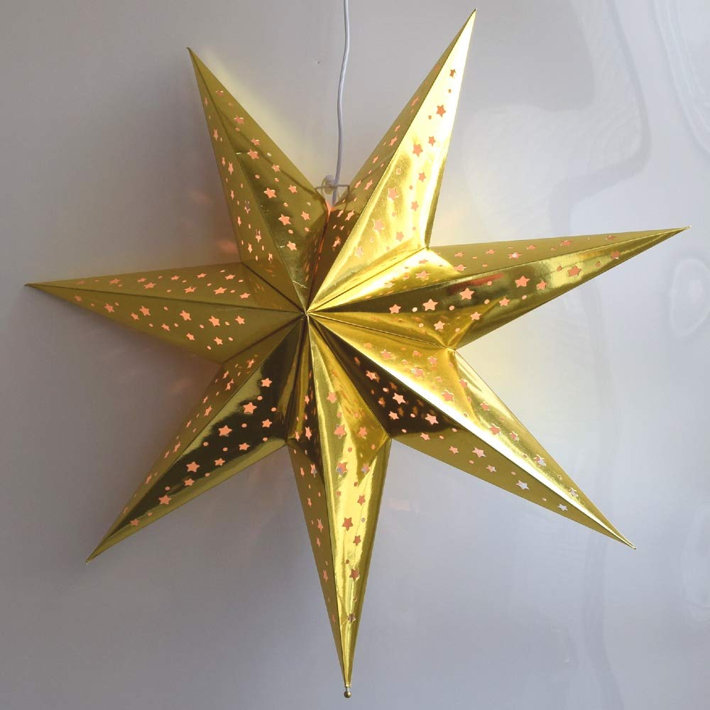 Paper Star Lantern Decoration (Galaxy Gold 7-Point Shining Star) - Perfect For Weddings, Christmas Holiday, Birthday Party Celeb