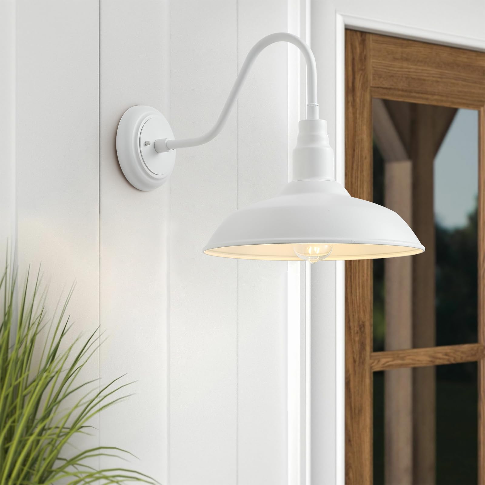 GOALPLUS Gooseneck Barn Light Fixture, 14in Dome, White Metal Wall Mount Sconce, Model LM2202-WH