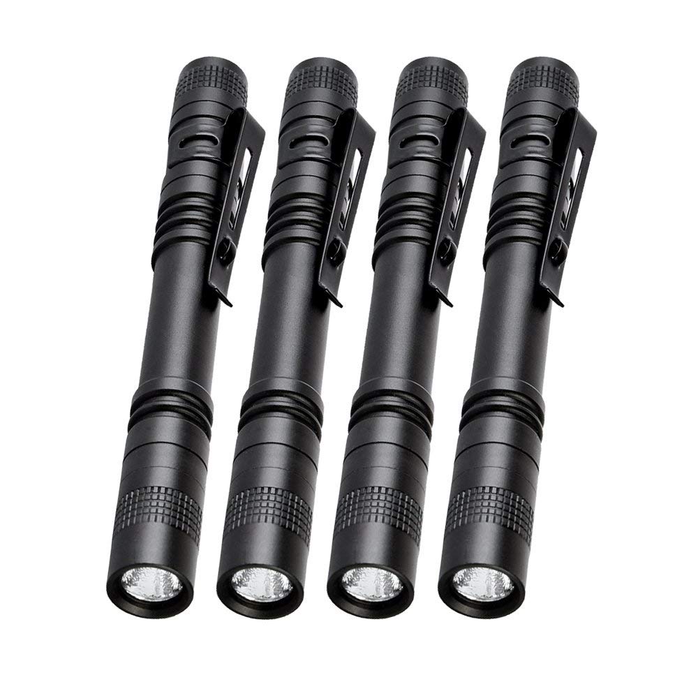 Pocketman LED Penlight Flashlight - 4 Pcs Tactical Torch with Clip, Aluminum, Small, Black, Model B076GX6D5Z