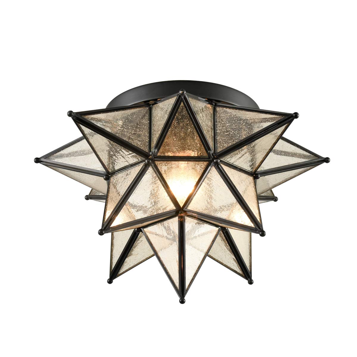 DAYCENT Boho Moroccan Seeded Glass Moravian Star Light Fixture Ceiling Flush Mount Hallway Kitchen, Black, 15 Inches