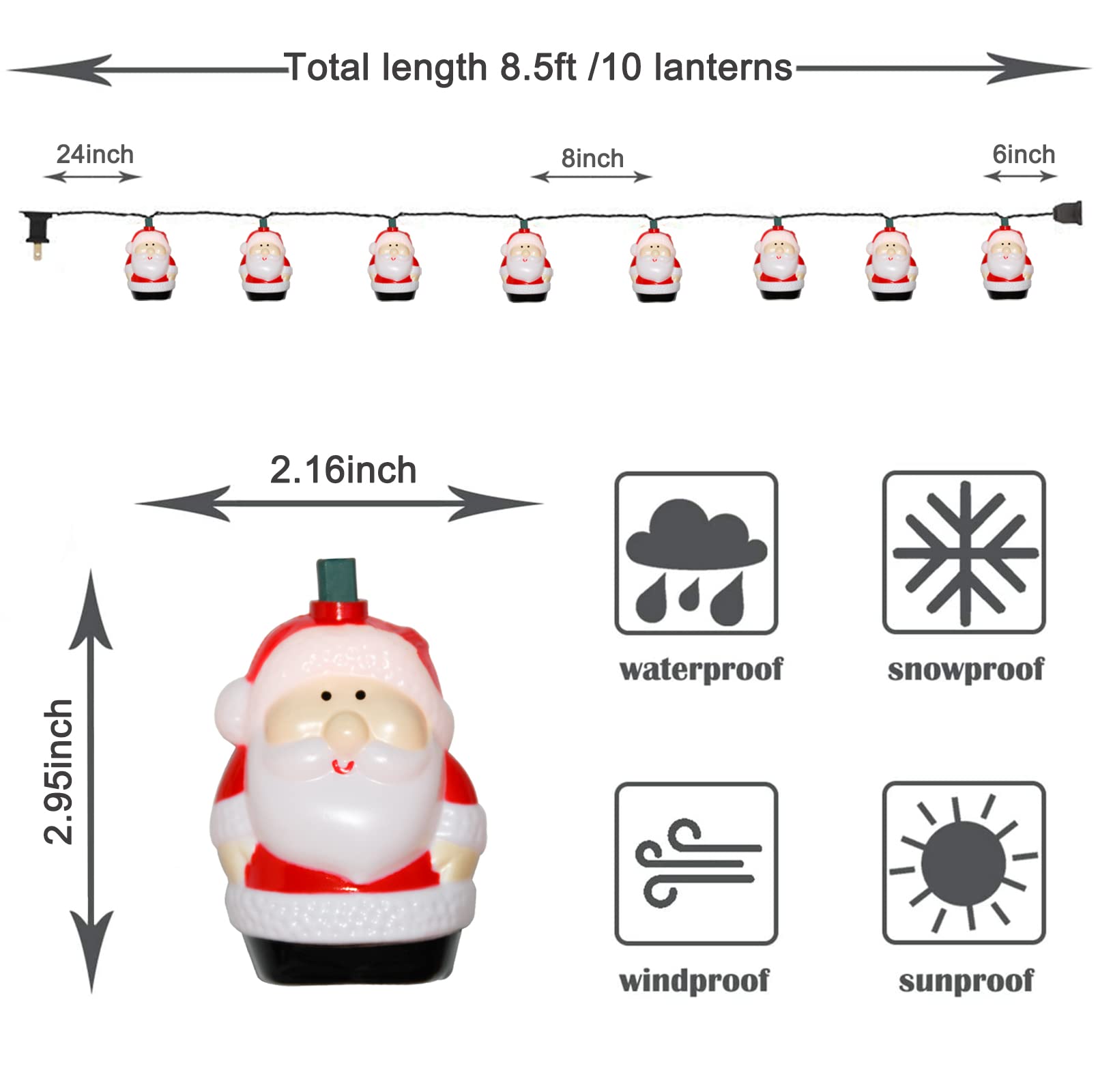 Konictom 10 Light Santa Head String Lights - 8.5Ft PVC Christmas Decorations, Santa Claus Fairy Lights for Kids' Room & Xmas Tree Decor