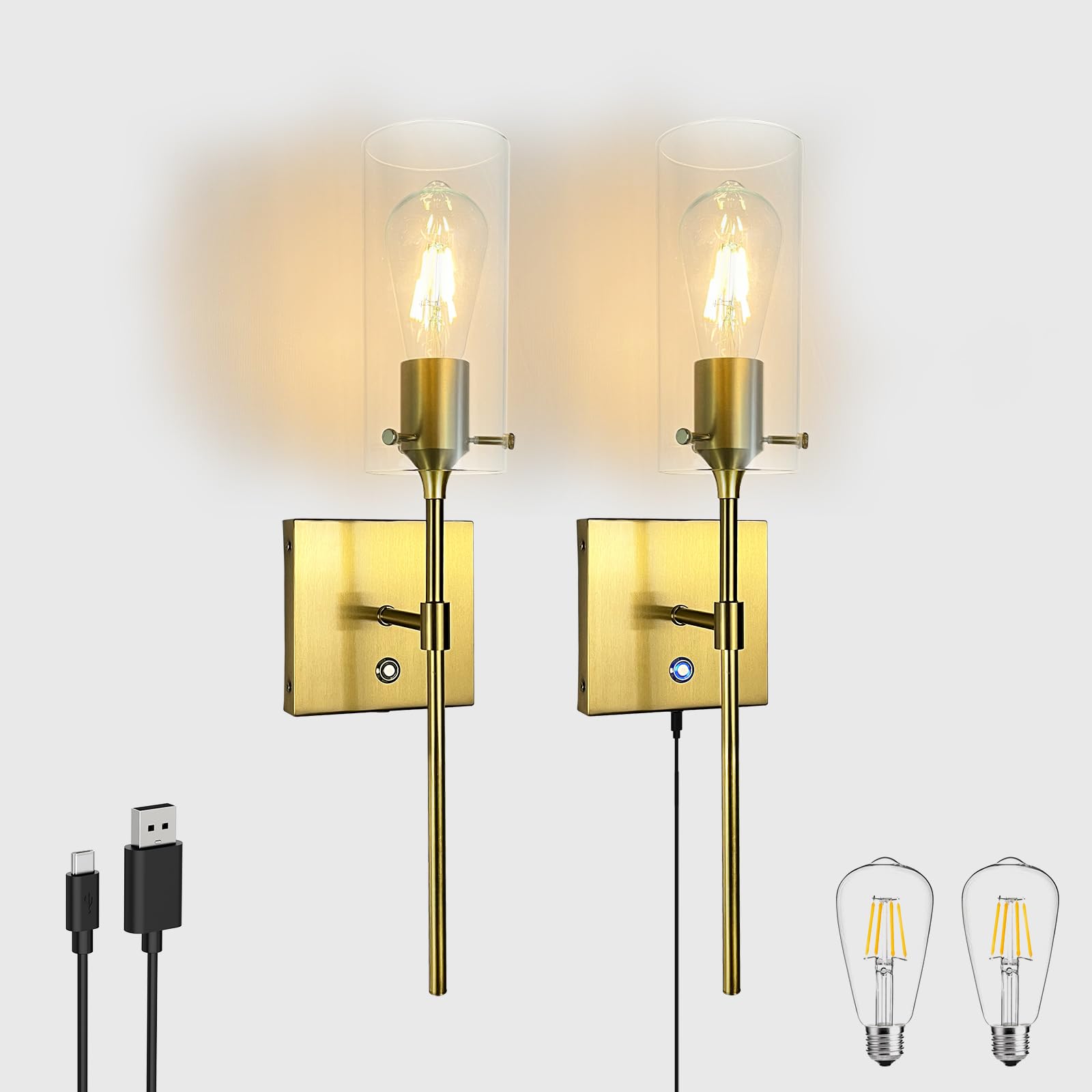 Thyfenno Dimmable Battery Operated Wall Sconce Set Of Two, Rechargeable Wall Lamp No Hardwire, Wireless Wall Mounted Light For Bedroom Bathroom Kitchen Vanity Mirror, Bulb Included