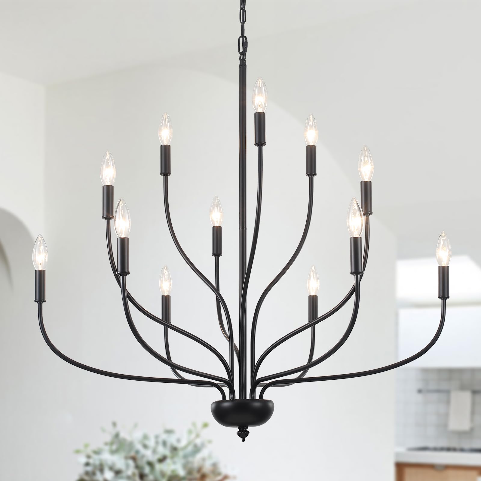 12-Light Black Chandelier for Dining Room, 34 Inch Large Farmhouse Chandeliers for High Ceilings, Foyer Industrial Modern Pendan