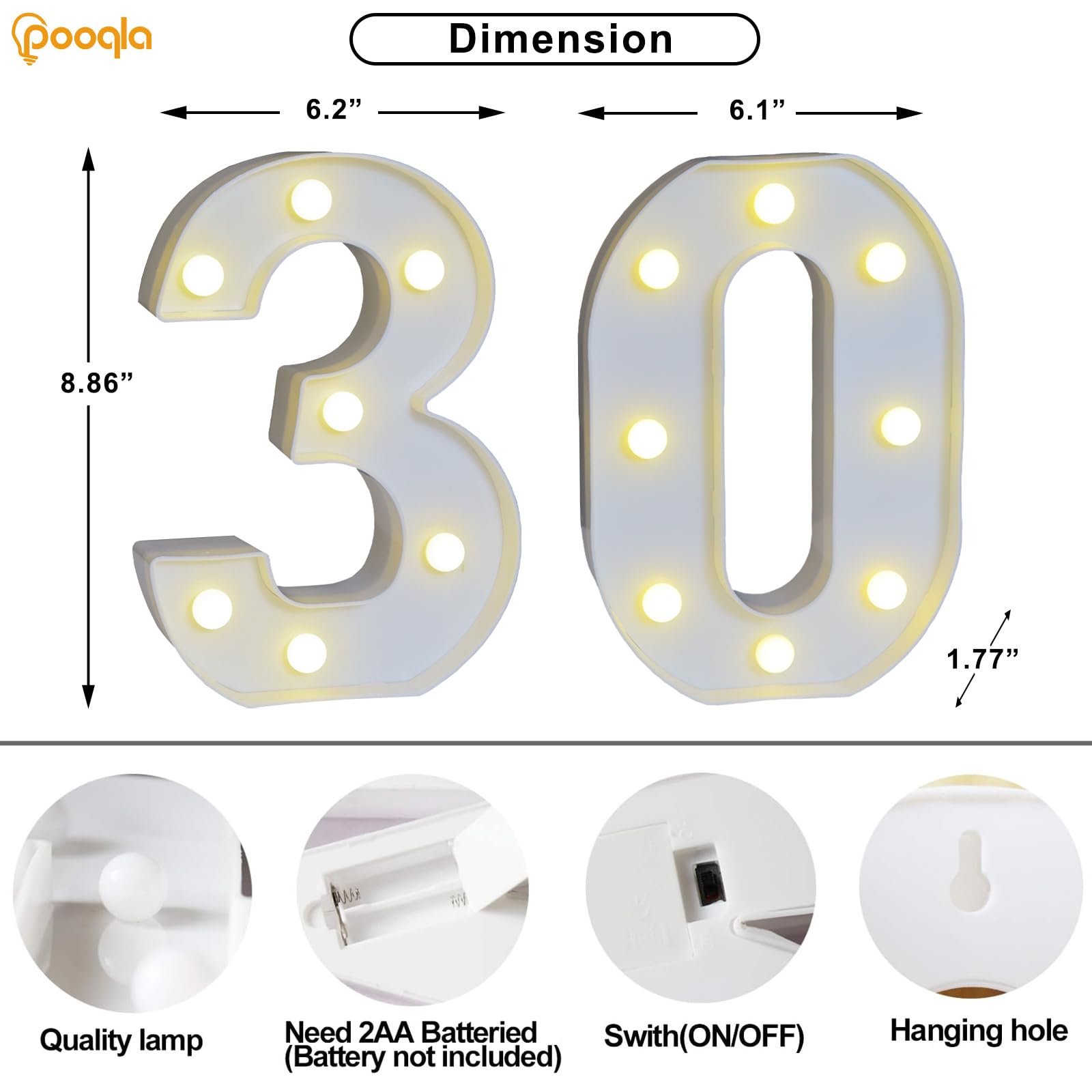 Pooqla Decorative Led Light Up Number Letters For Her Him, White Plastic Marquee Number Lights Sign For 30Th Birthday Party Wedding Decor Battery Operated Number (30)
