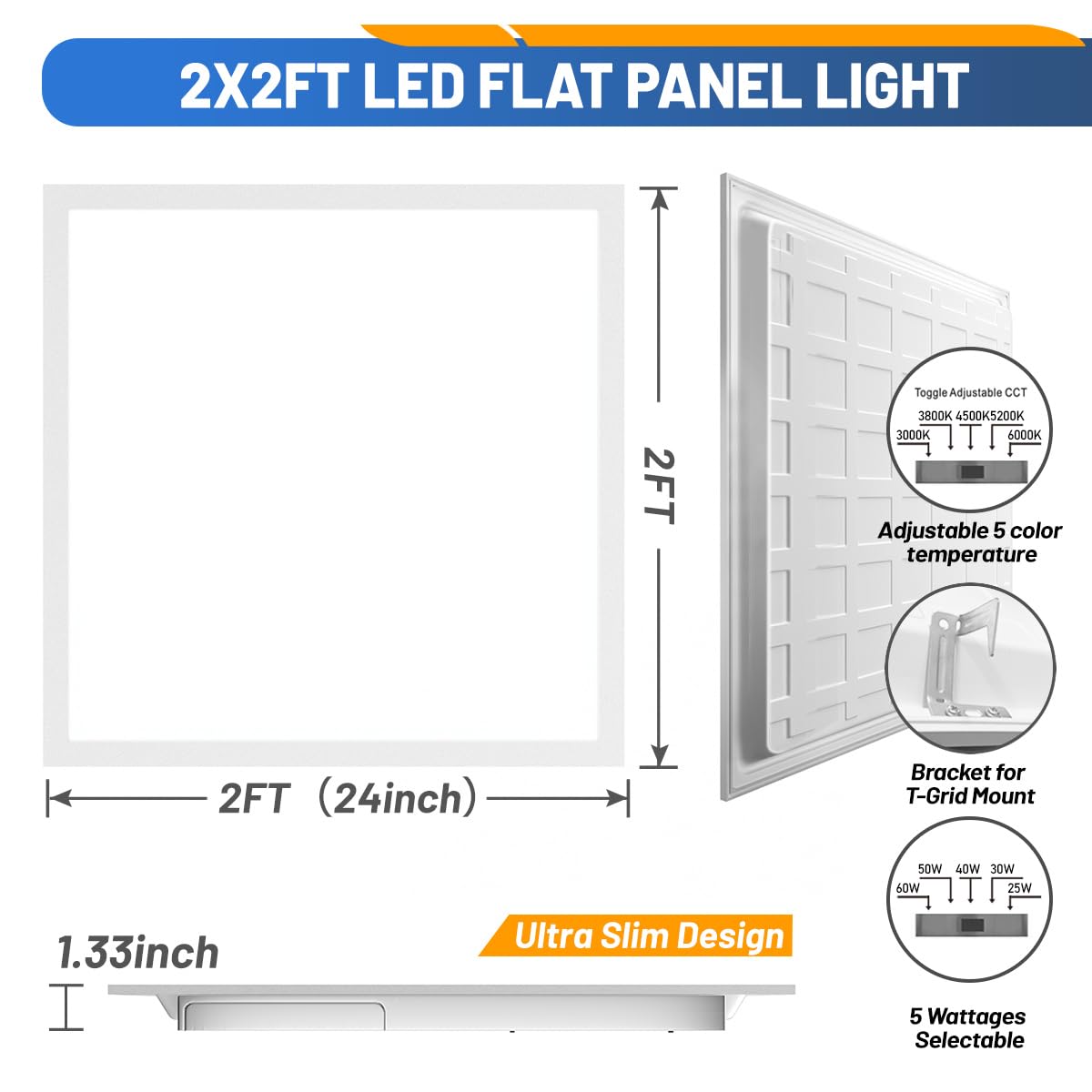 Allsmartlife 2X2 Led Flat Panel Ceiling Light 4-Pack, 0-10V Dimmable, 5Cct 3000K-3500K-4500K-5000K-6000K, Max 60W/7200 Lumens, B