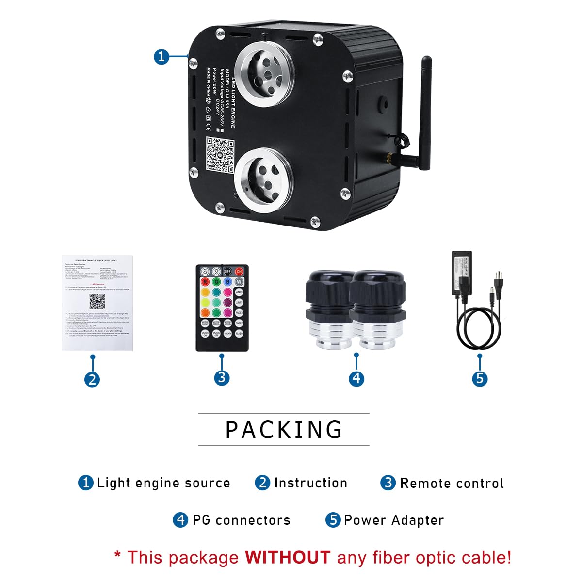 AKEPO 50W Dual-Head Fiber Optic Light Engine Replacement, RGBW, APP Control, Music Activated, Model QJ-L050, Multicolor