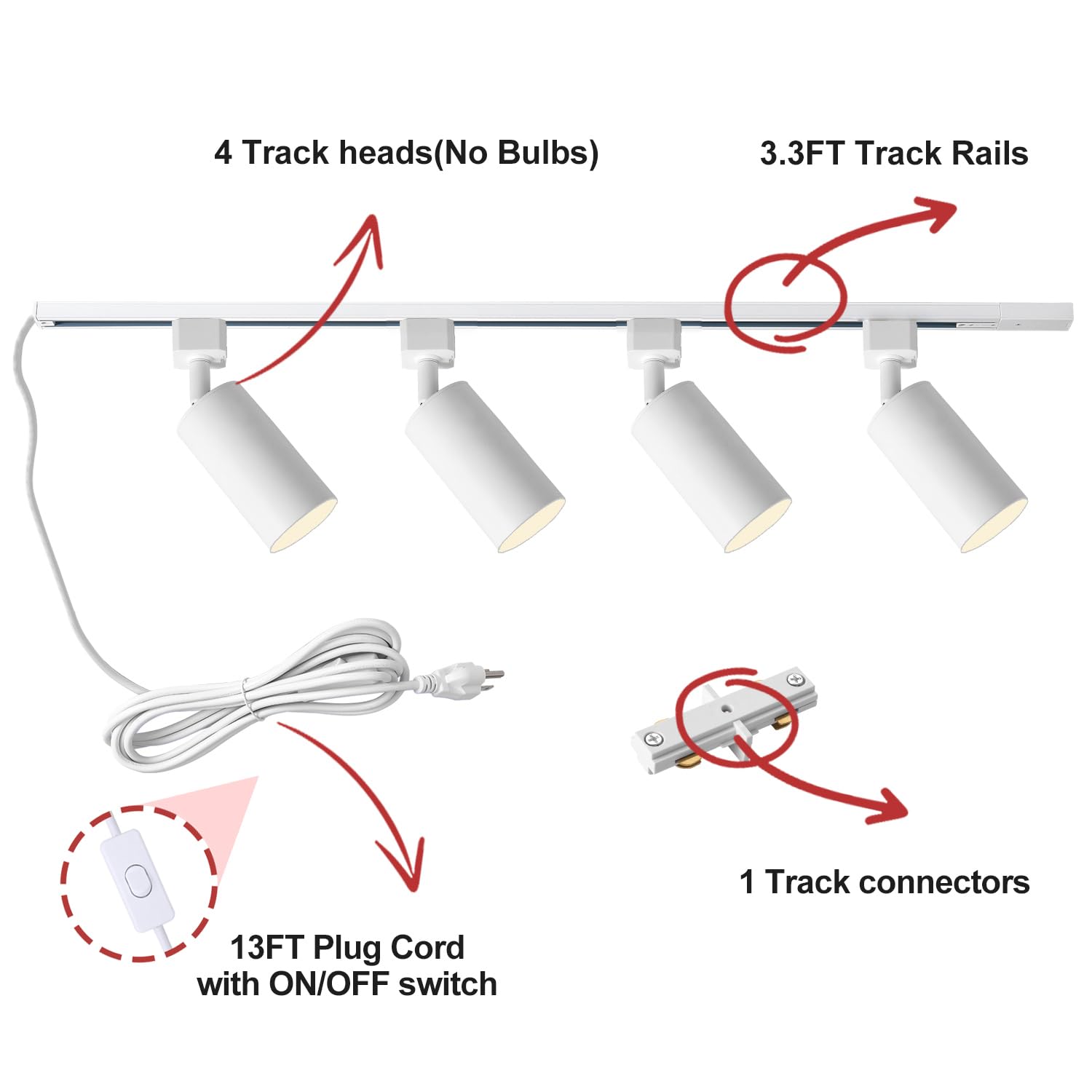 Lraemxg Plug In Track Lighting With Power Cord, 4-Light Gu10 Track Lighting Kit With 3.3Ft H Type Track Lighting Rails, Modern Kitchen Led Track Lighting Fixtures Ceiling Spot Light, White (No Bulbs)
