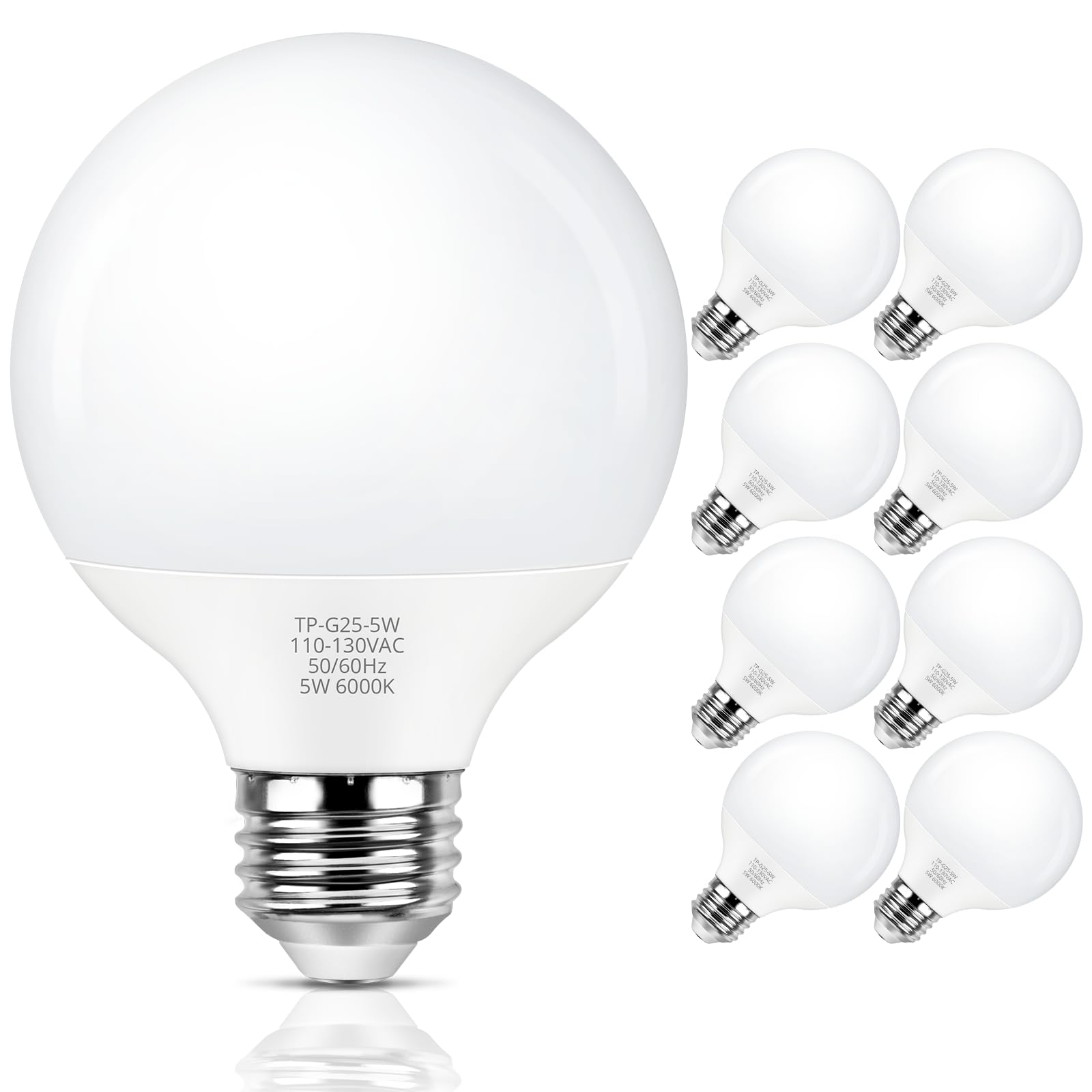 Maxvolador G25 Led Globe Light Bulb 60W Equivalent, Cool White 6000K E26 Vanity Round Bulbs For Bathroom Makeup Mirror, Non-Dimm