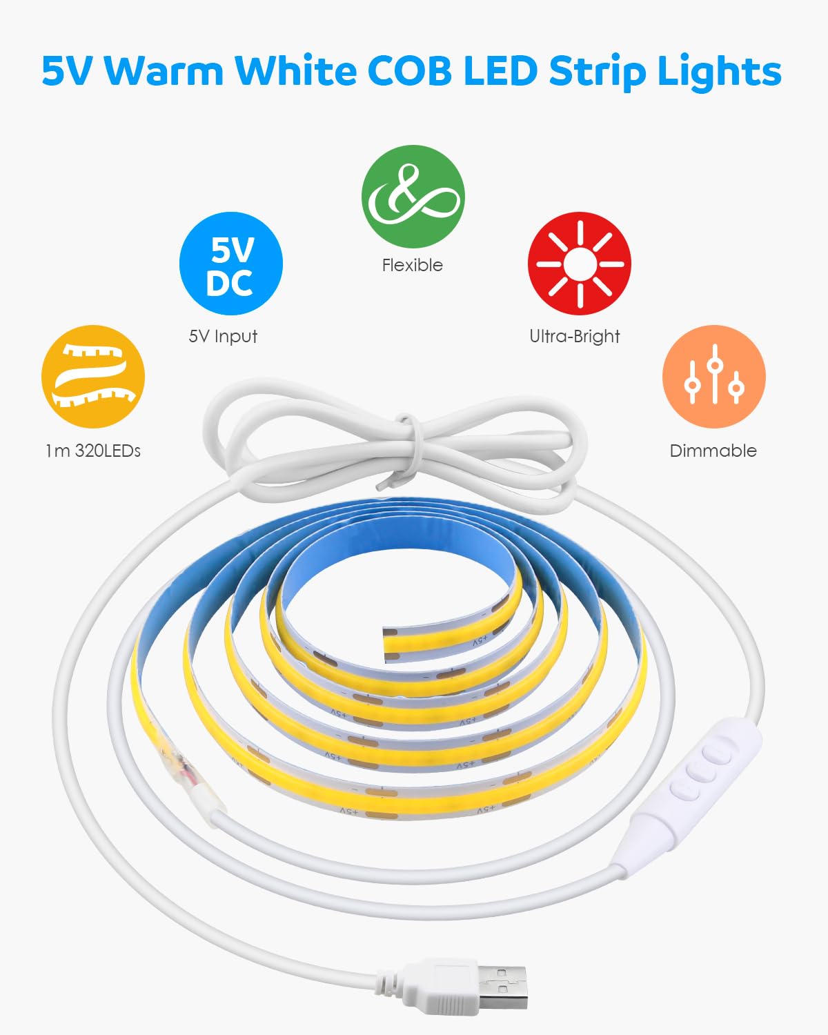 Aclorol Usb Cob Led Strip Lights 3.28Ft 5V Warm White Flexible Led Tv Backlight With 1.5M Usb Powered Dimmable Led Light Strip H