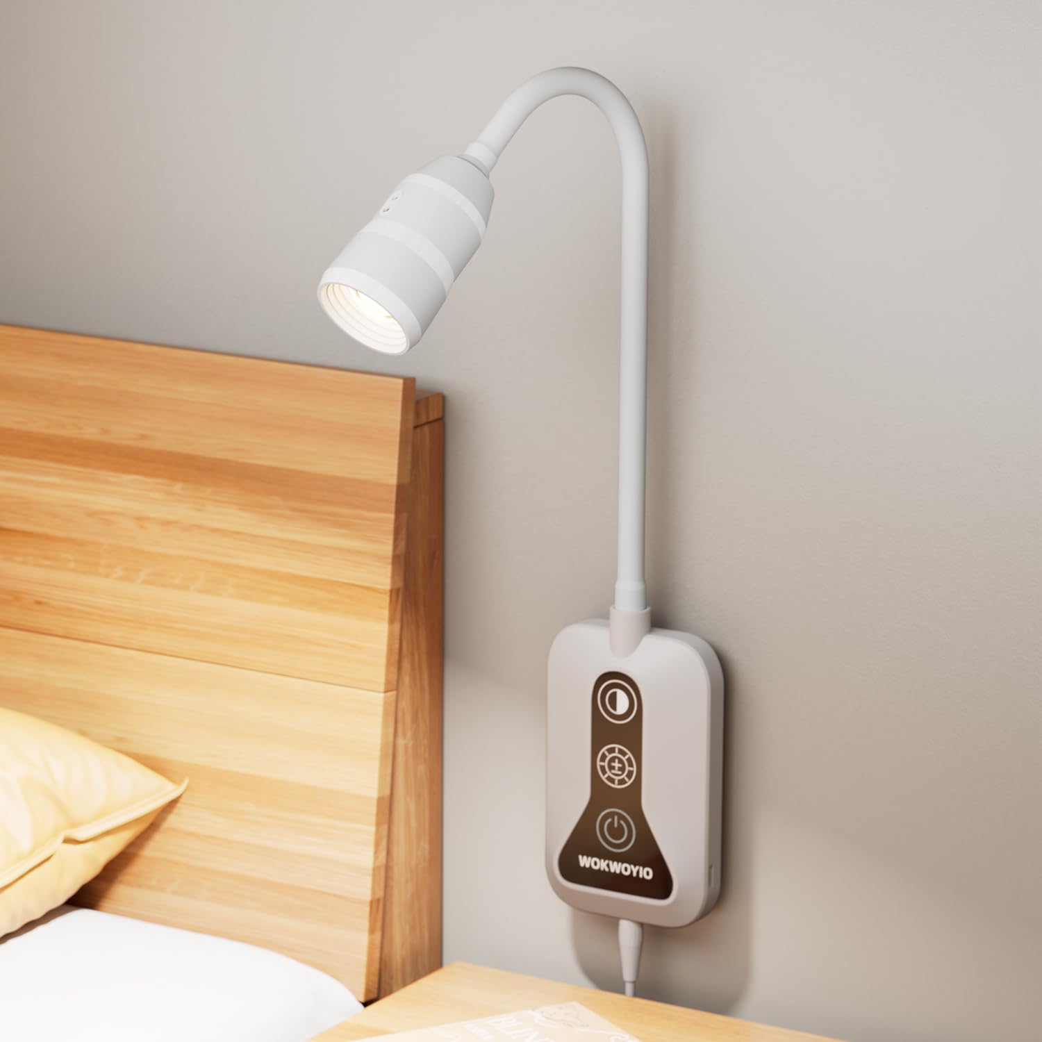 WOKWOYIO Wall Mounted Reading Light, Hand Sweep Sensor, USB Output, Dimmable, 1 Pack, White, Model XCCX004-US-BK