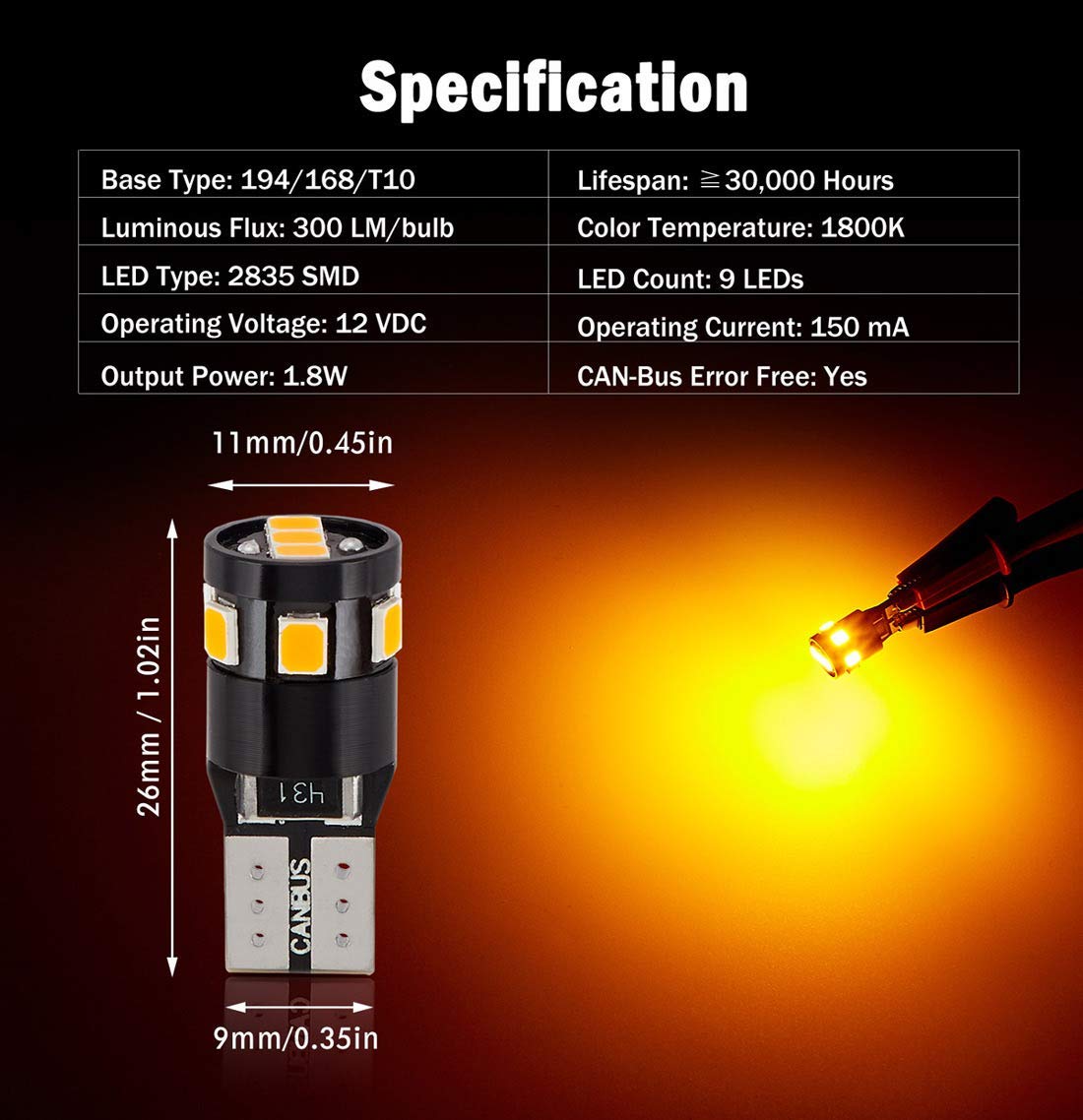 BRISHINE LED Bulbs 194 168 2825 192 W5W T10 Amber Yellow 9-SMD 2835 Chipsets for Side Marker Turn Signal Blinker (Pack of